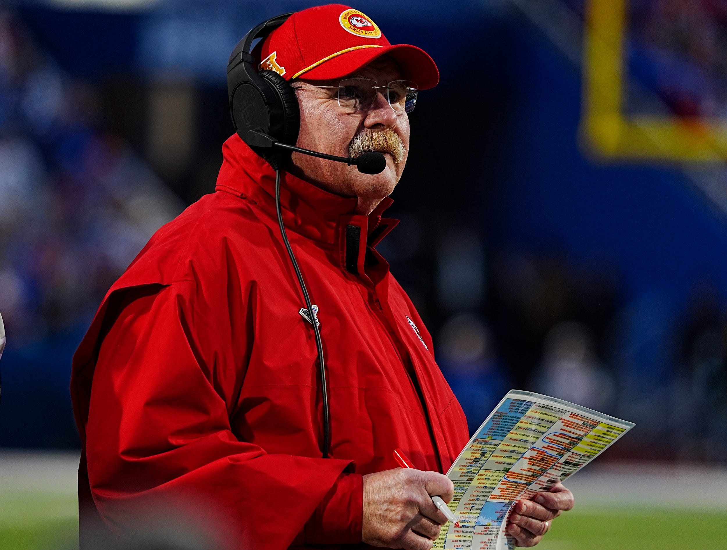 Kansas City's head coach Andy Reid looks towards his team on the field during first half action against the Kansas City Chiefs in Orchard Park, Nov.17, 2024.