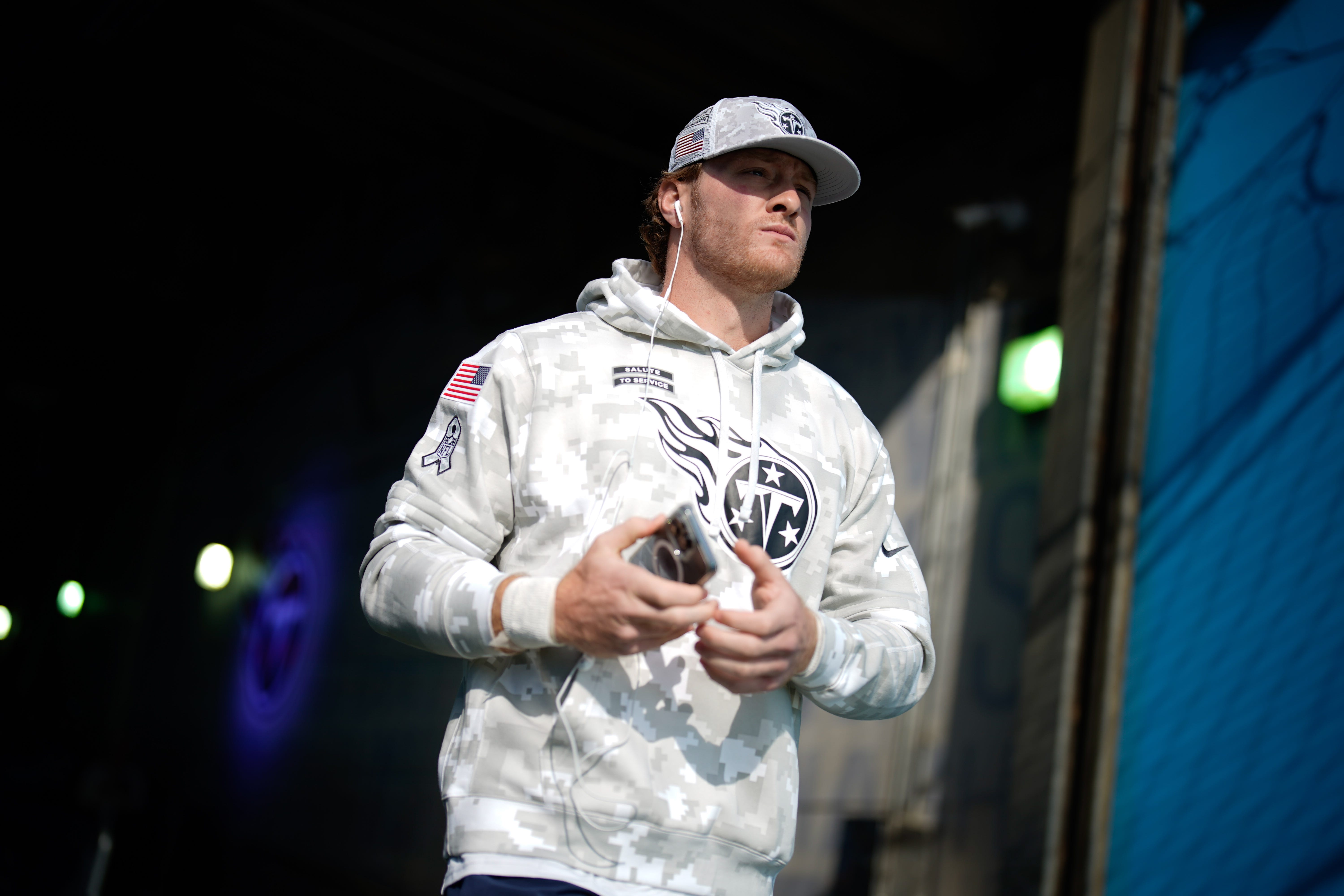 Tennessee Titans quarterback Will Levis (8) heads out for warmups before facing the Minnesota Vikings at Nissan Stadium in Nashville, Tenn., Sunday, Nov. 17, 2024 Andrew Nelles / The Tennessean-USA TODAY NETWORK via Imagn Images