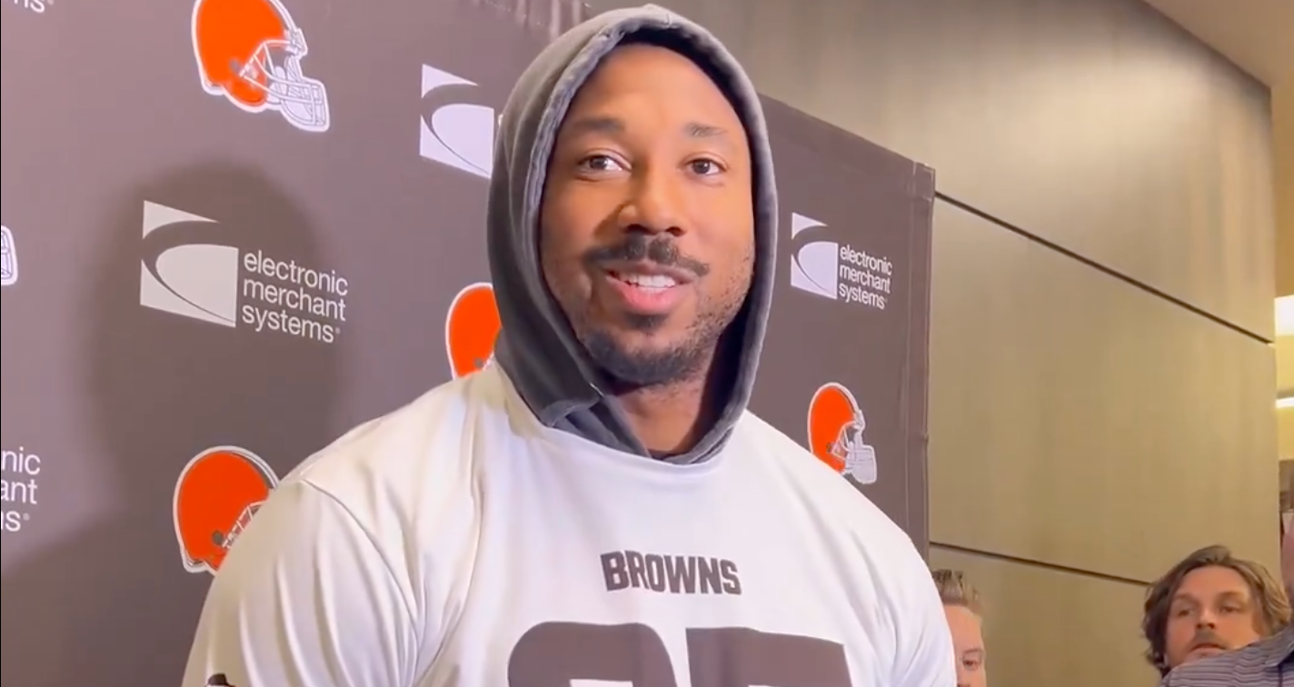 Cleveland Browns defensive end Myles Garrett addresses the media ahead of Week 12 Thursday Night Football matchup with Pittsburgh Steelers
