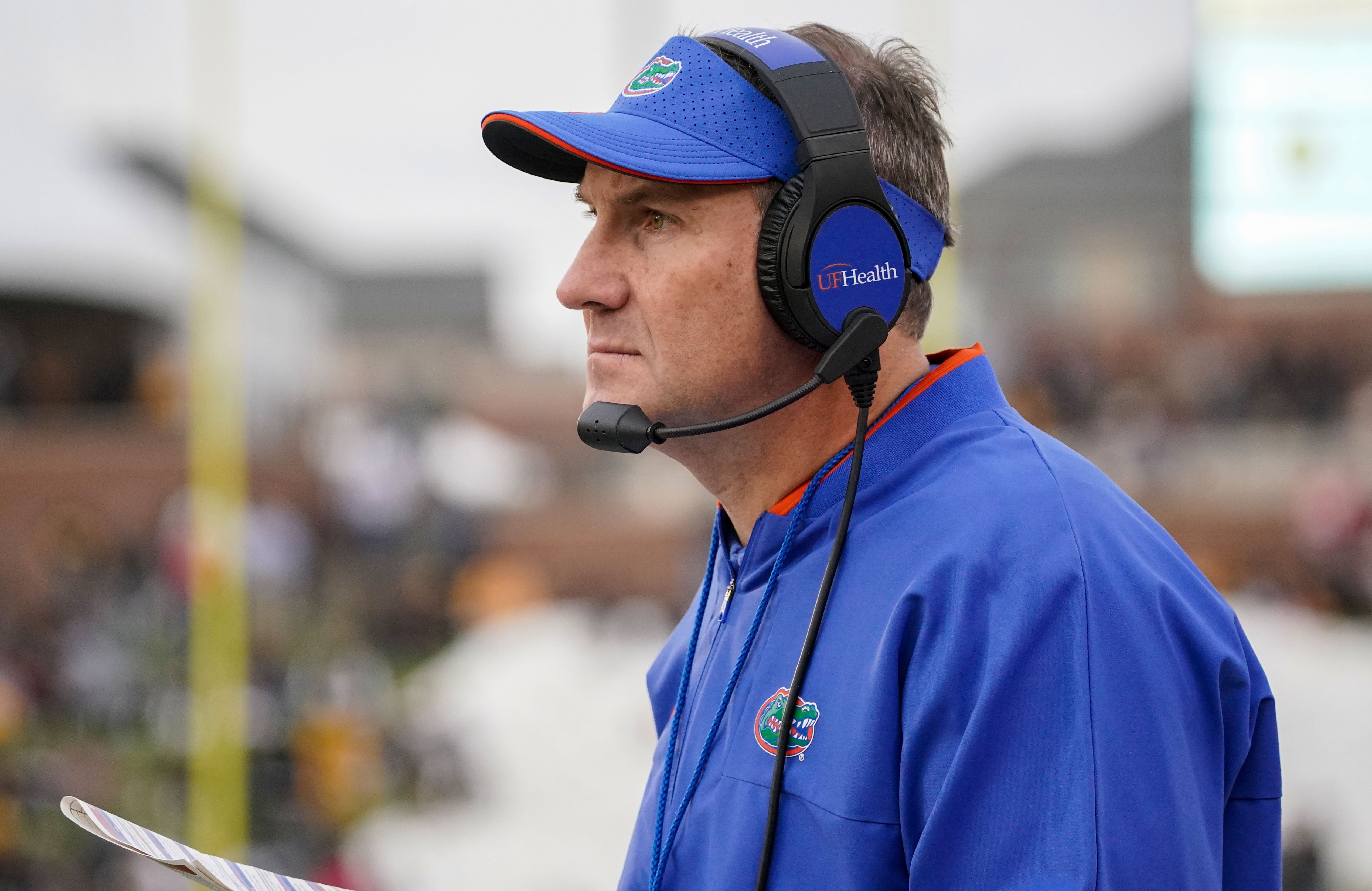 Nov 20, 2021; Columbia, Missouri, USA; Florida Gators head coach Dan Mullen watches play against the Missouri Tigers during the game at Faurot Field at Memorial Stadium.