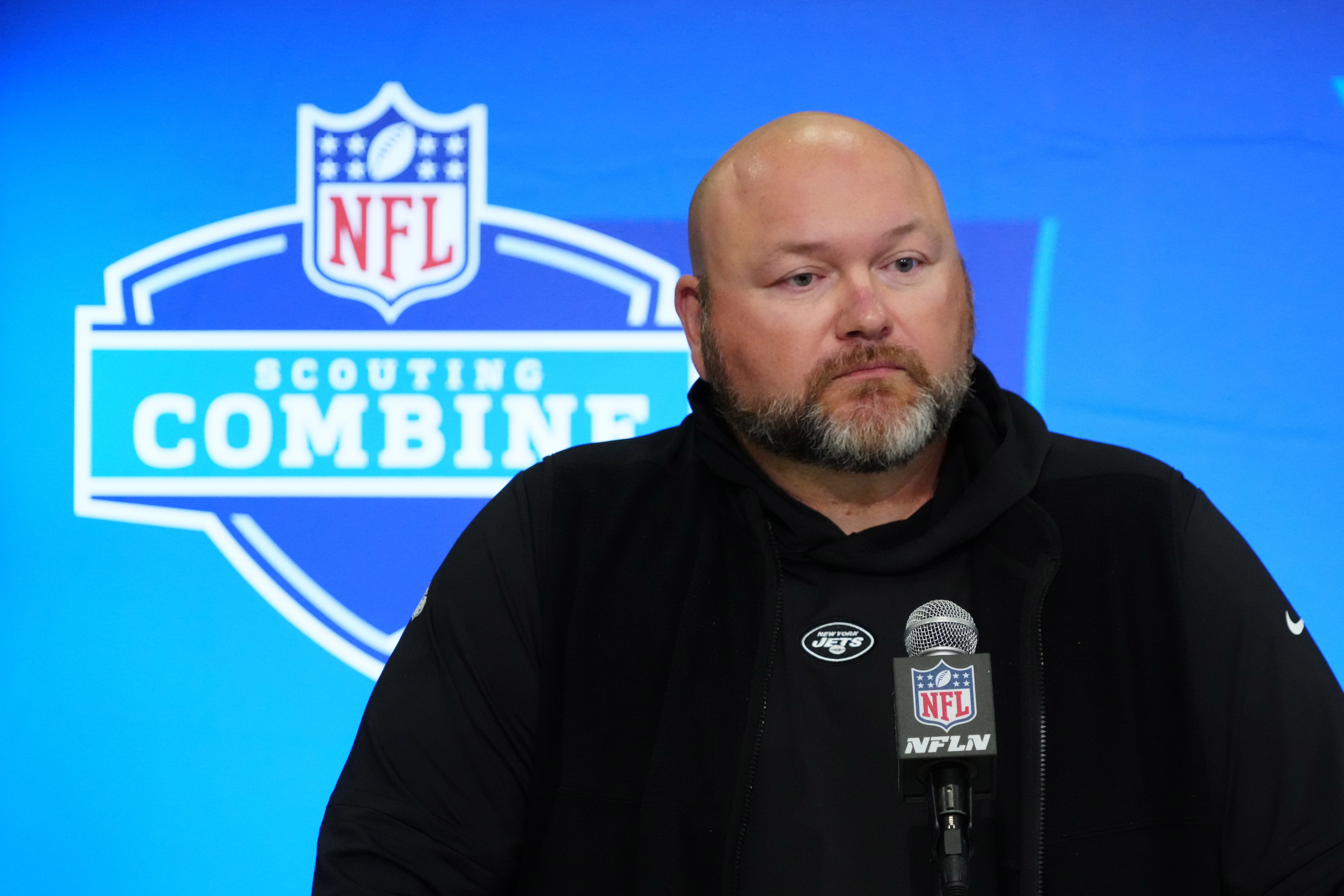 New York Jets general manager Joe Douglas speaks at a press conference at the NFL Scouting Combine at Indiana Convention Center.