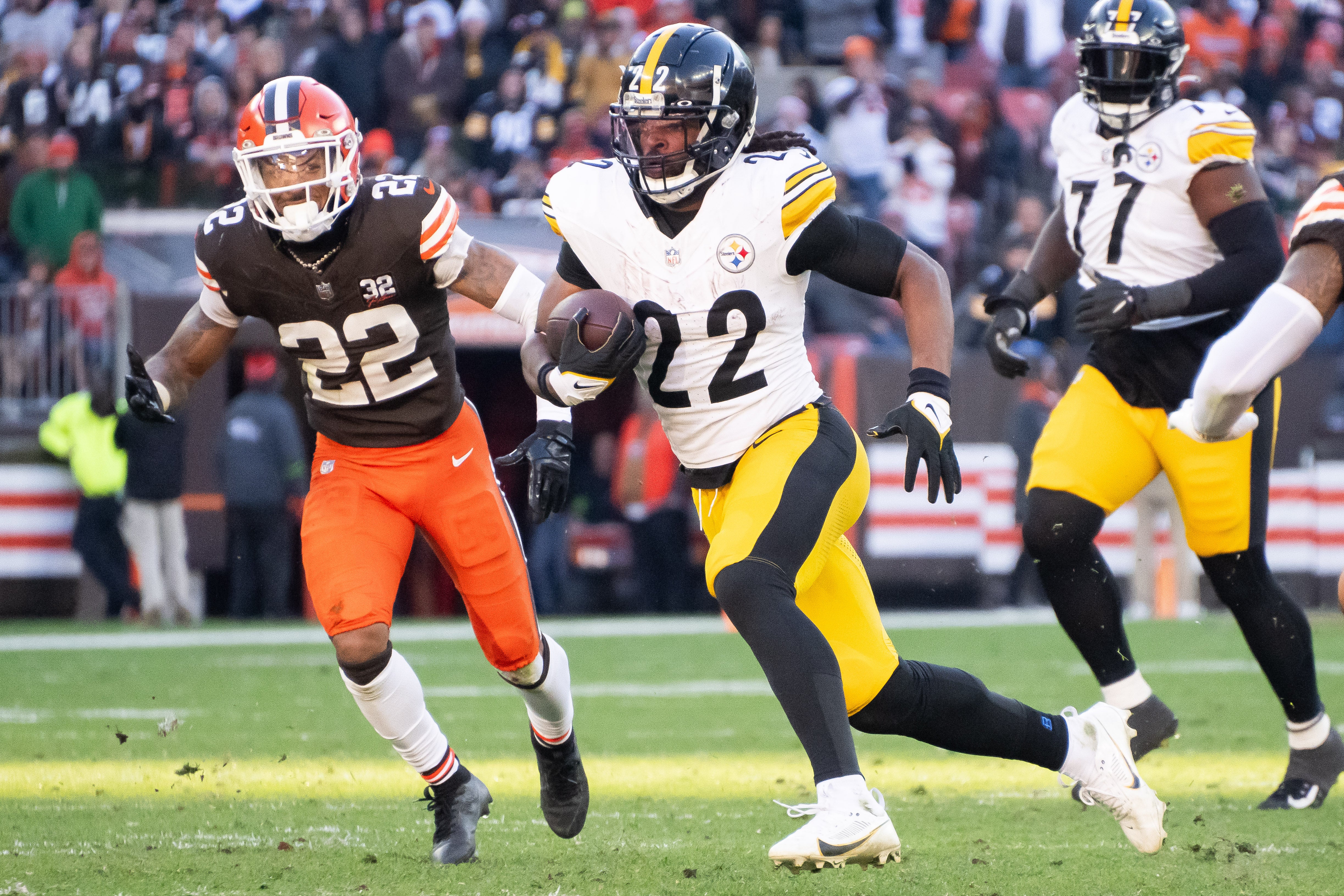 Nov 19, 2023; Cleveland, Ohio, USA; Cleveland Browns safety Grant Delpit (22) chases Pittsburgh Steelers running back Najee Harris (22) during the second half at Cleveland Browns Stadium.