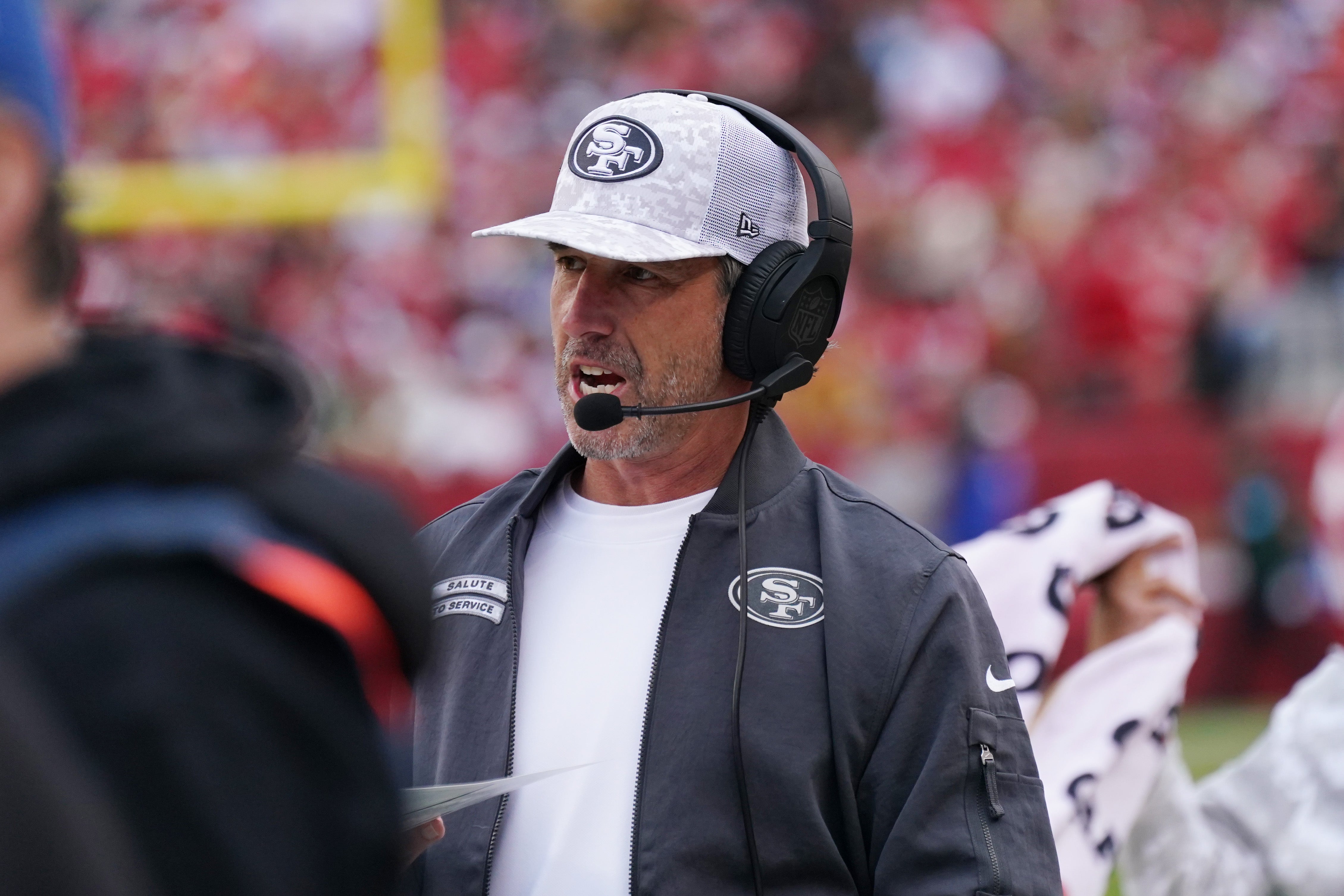 San Francisco 49ers head coach Kyle Shanahan on the sideline against the Seattle Seahawks in the second quarter at Levi's Stadium.