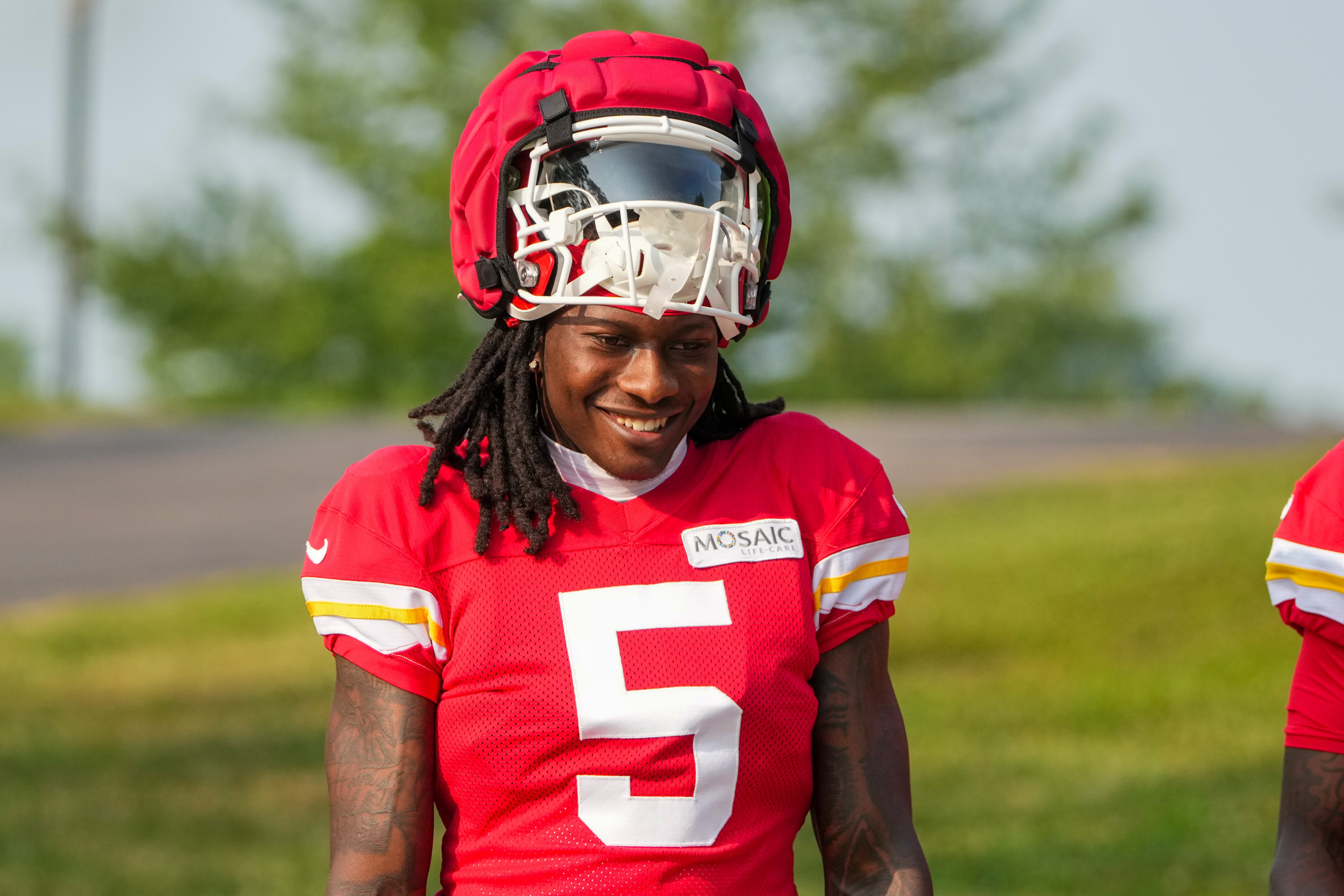 Jul 26, 2024; Kansas City, MO, USA; Kansas City Chiefs wide receiver Marquise “Hollywood” Brown (5) walks down the hill from the locker room to the fields during training camp at Missouri Western State University.