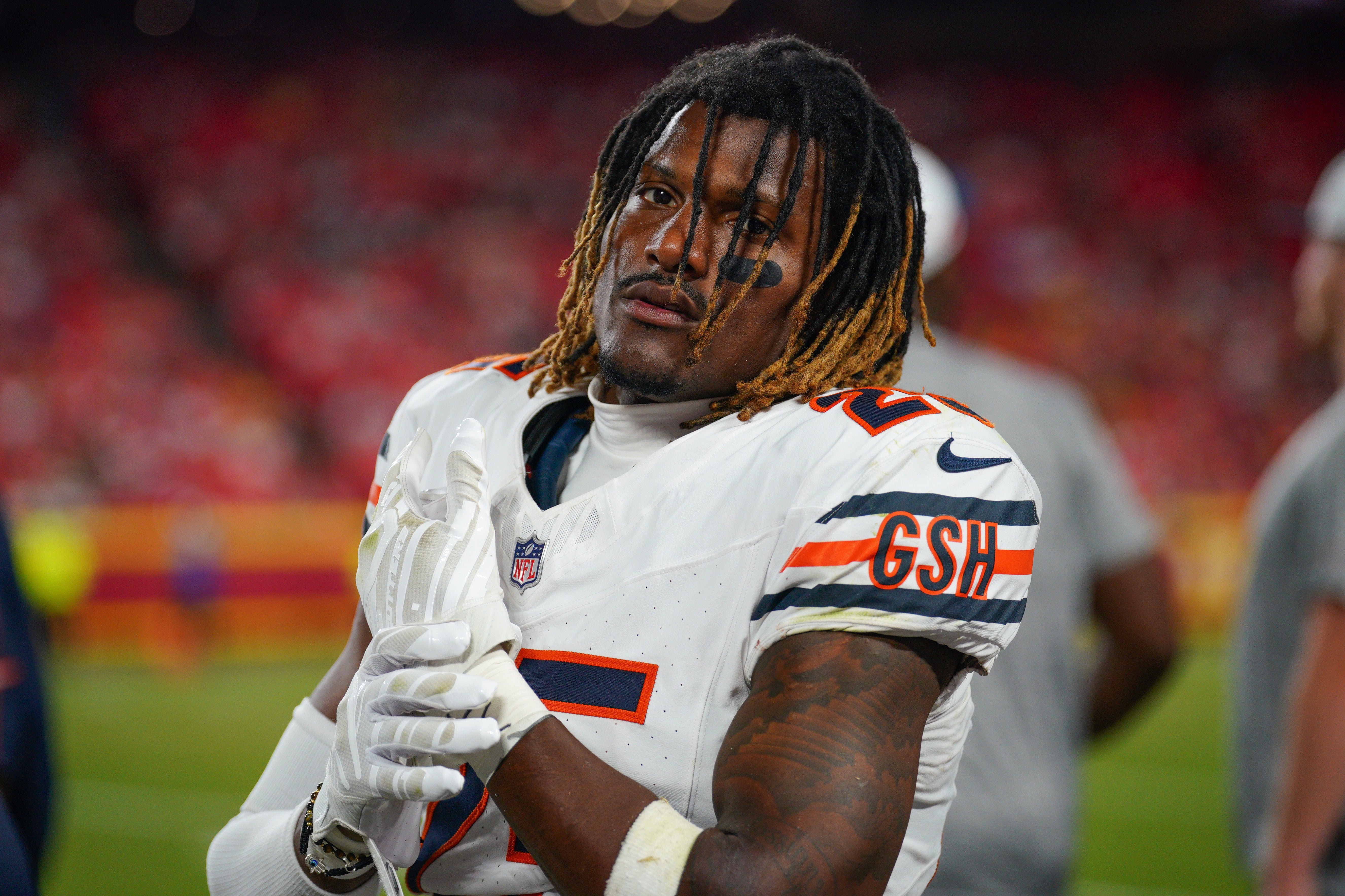 Aug 22, 2024; Kansas City, Missouri, USA; Chicago Bears safety Adrian Colbert (25) on the sidelines against the Kansas City Chiefs during the game at GEHA Field at Arrowhead Stadium.