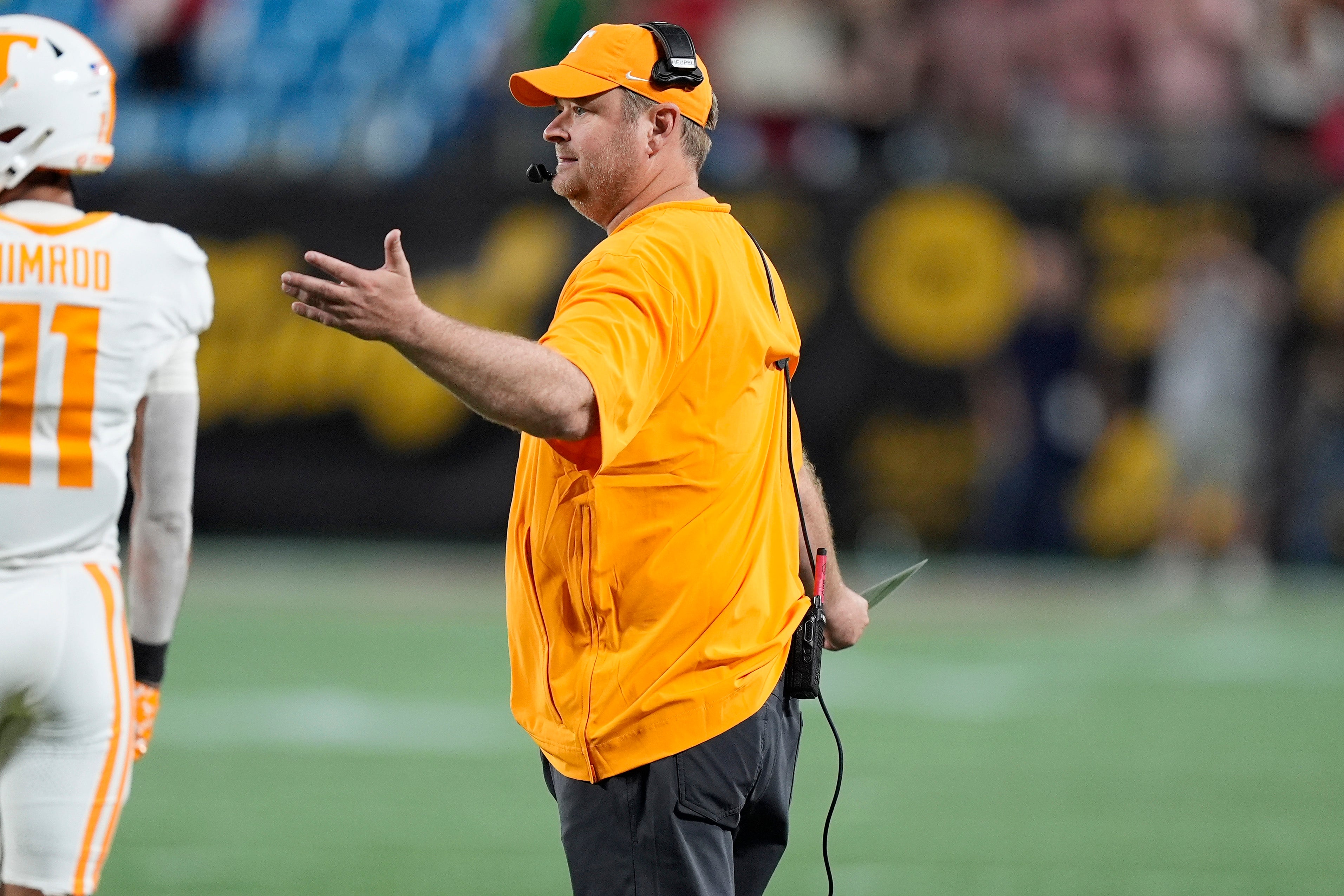 Sep 7, 2024; Charlotte, North Carolina, USA; Tennessee Volunteers head coach Josh Heupel questions a call by the officials during the second quarter against the North Carolina State Wolfpack at the Dukes Mayo Classic at Bank of America Stadium.