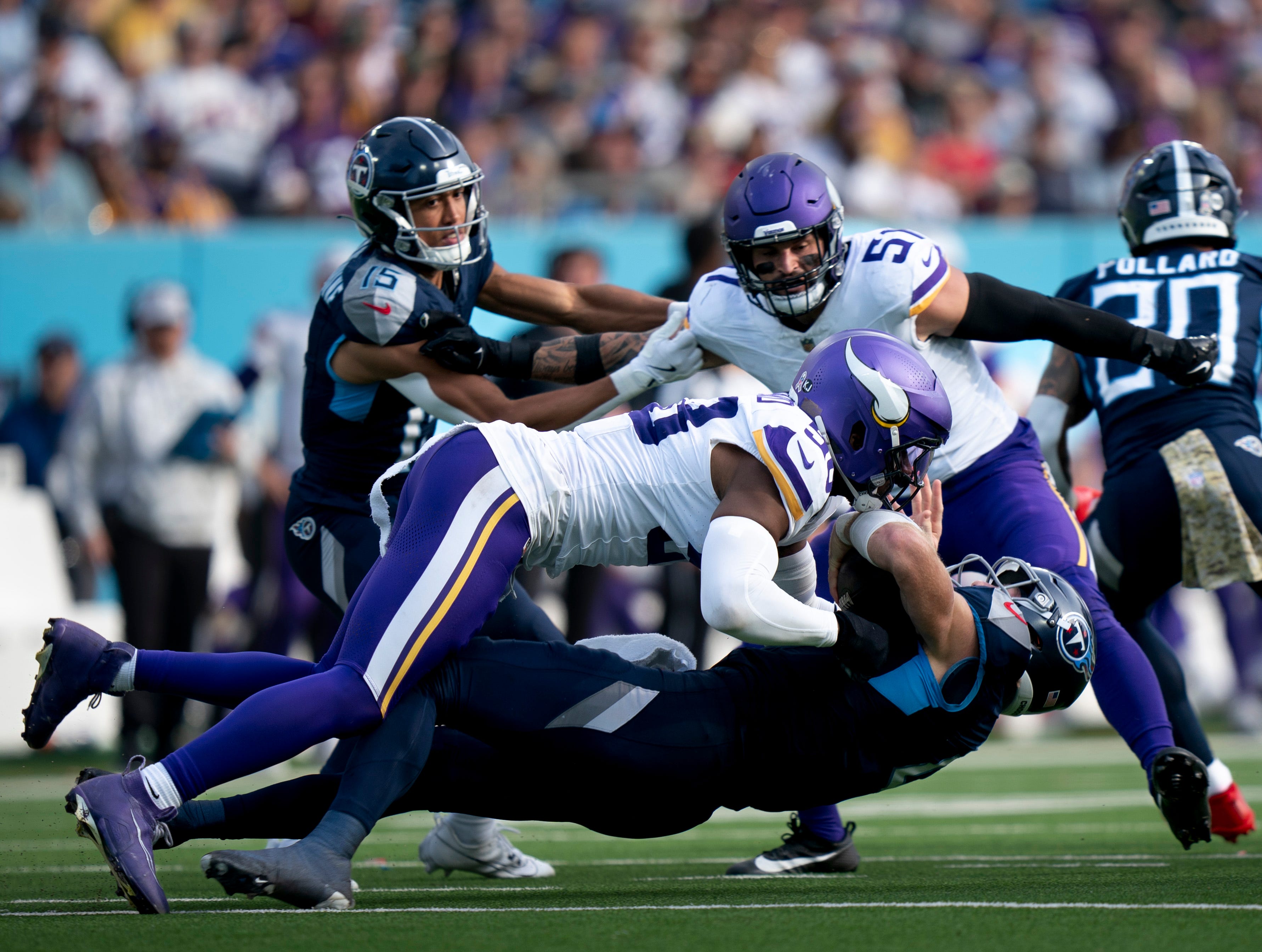 Minnesota Vikings linebacker Jonathan Greenard (58) sacks Tennessee Titans quarterback Will Levis (8) at Nissan Stadium in Nashville, Tenn., Sunday, Nov. 17, 2024.