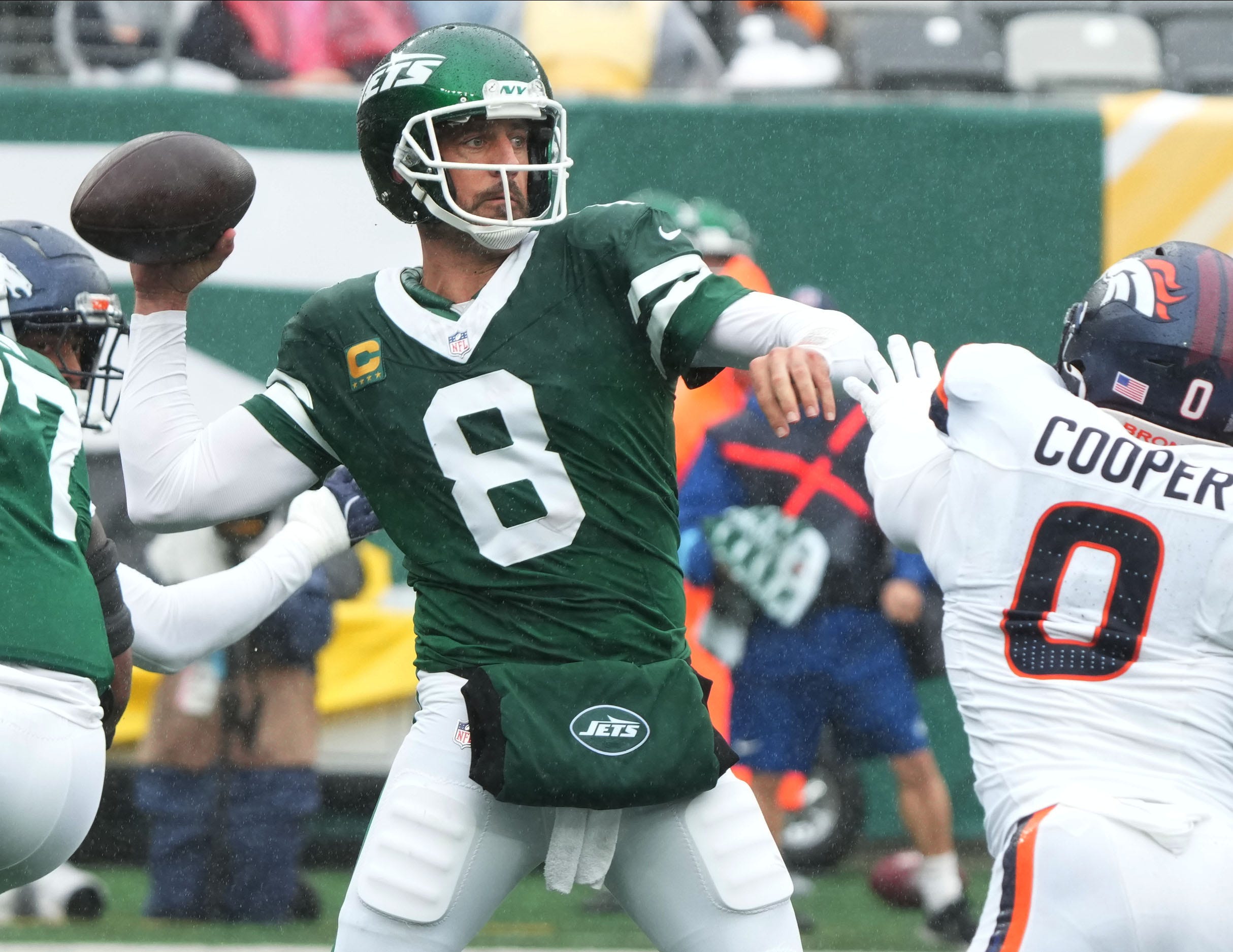East Rutherford, NJ -- September 29 -- Aaron Rodgers of the Jets in the first half as the Denver Broncos edged the New York Jets 10-9 at MetLife Stadium.