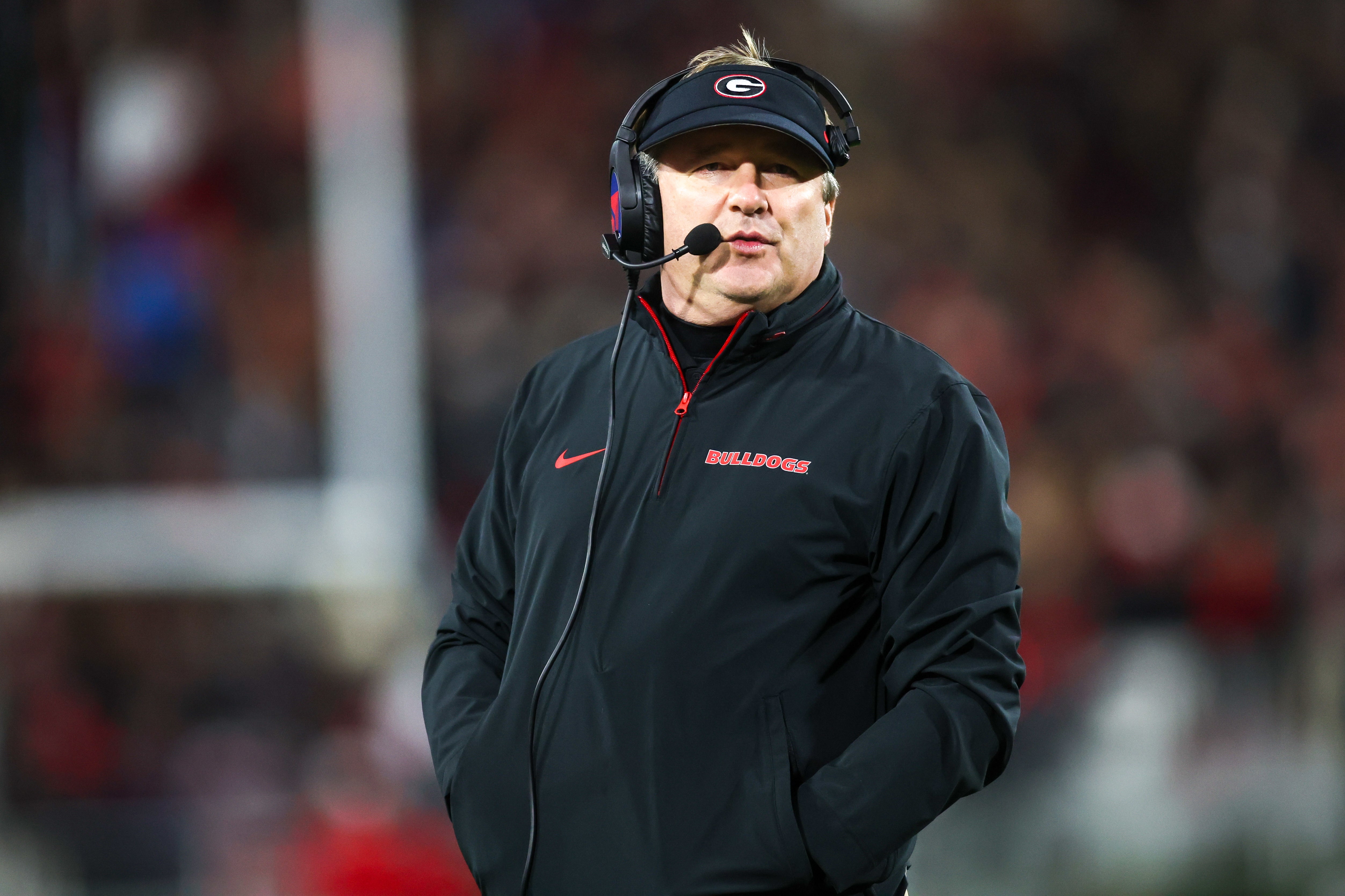 Georgia Bulldogs head coach Kirby Smart on the sideline against the Tennessee Volunteers in the first quarter at Sanford Stadium.