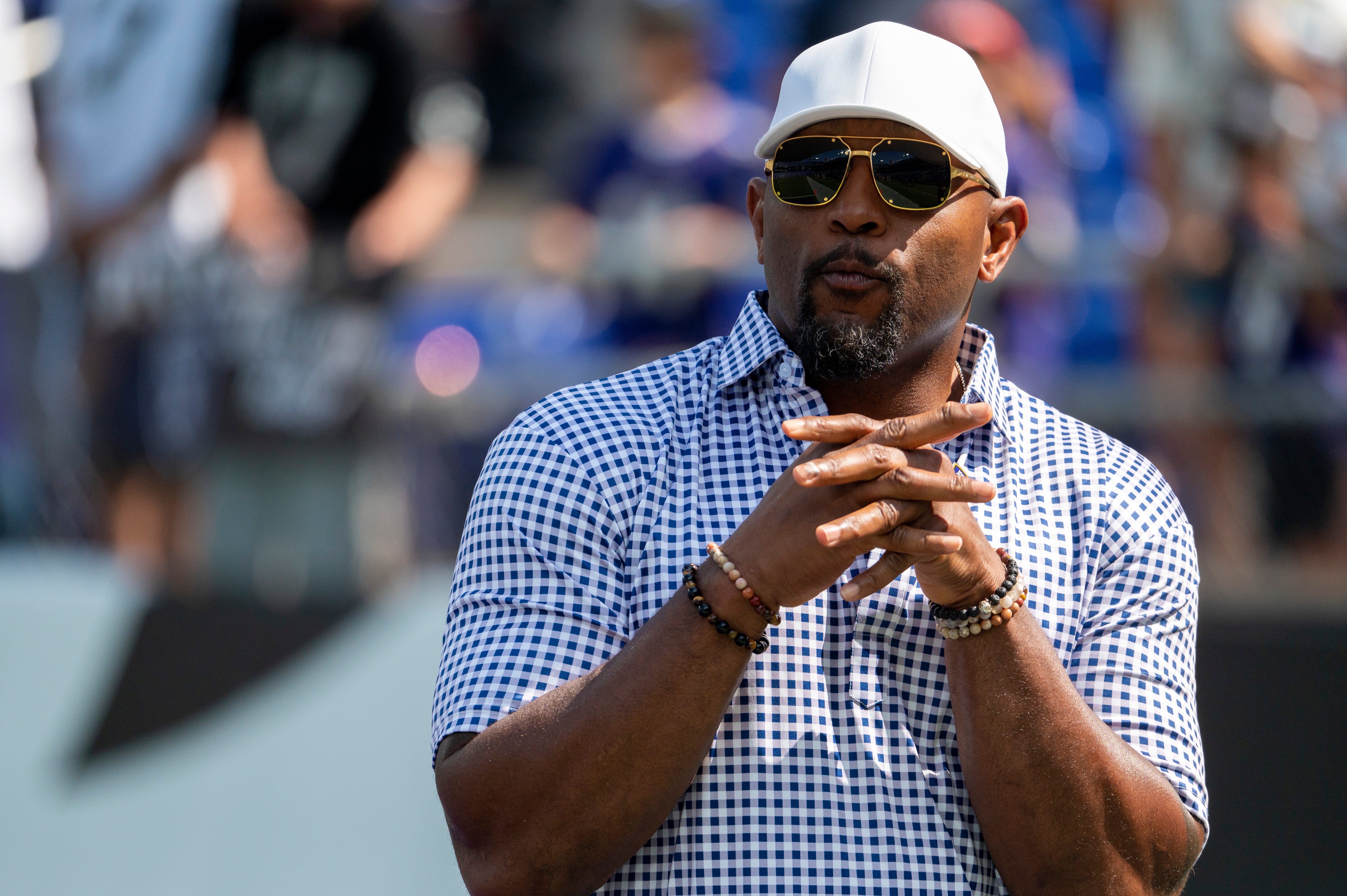 Sep 15, 2024; Baltimore, Maryland, USA; National Football League member Ray Lewis stands on the field before the game between the Baltimore Ravens and the Las Vegas Raiders at M&T Bank Stadium.