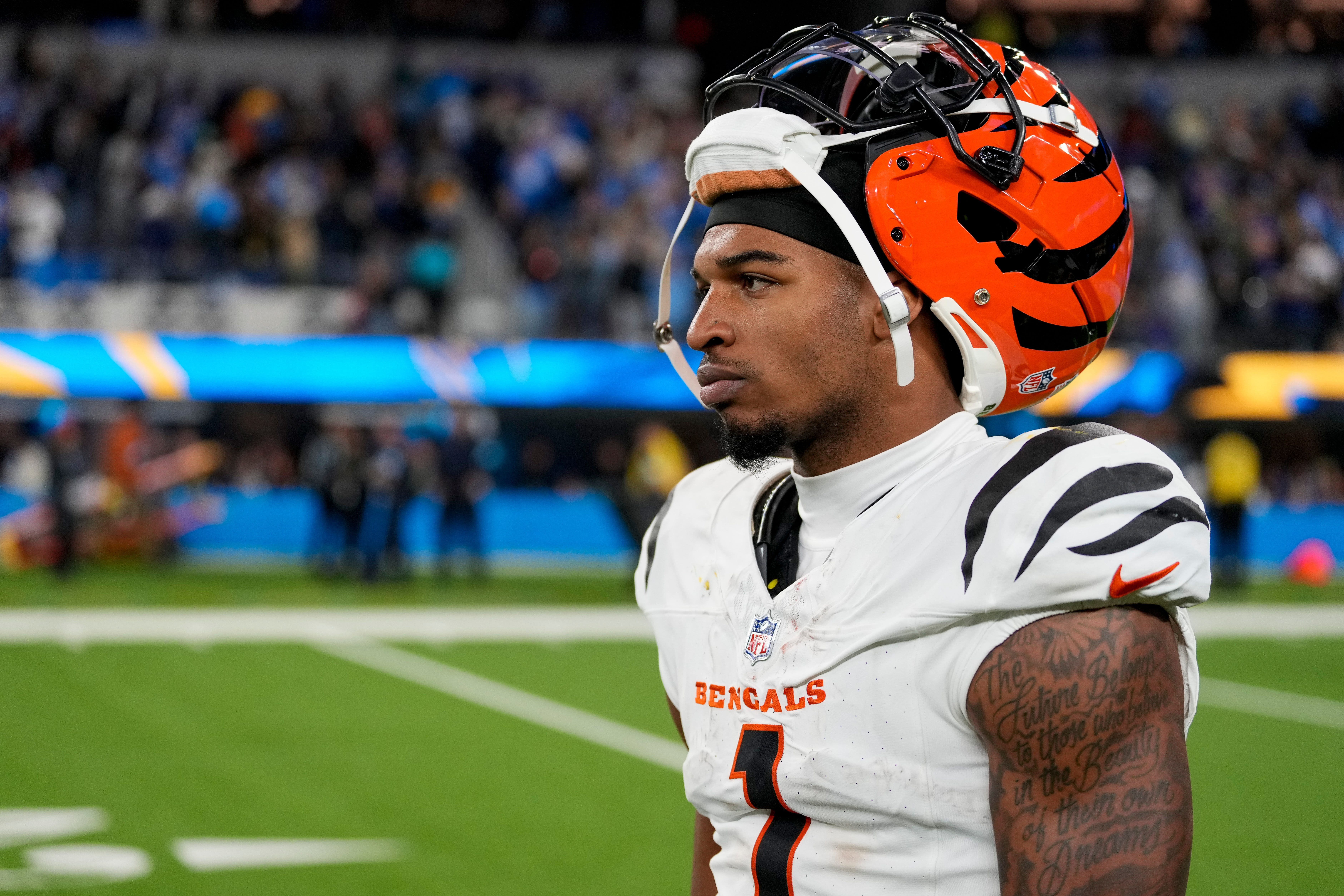Cincinnati Bengals wide receiver Ja'Marr Chase (1) walks off the field after the fourth quarter of the NFL Week 11 game between the Los Angeles Chargers and the Cincinnati Bengals at SoFi Stadium in Inglewood, Calif., on Sunday, Nov. 17, 2024. The Chargers won 34-27.