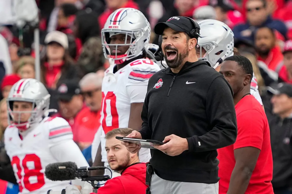 Ohio State Buckeyes head coach Ryan Day yells from the sideline during the NCAA football game against the Northwestern Wildcats at Wrigley Field in Chicago on Monday, Nov. 18, 2024.