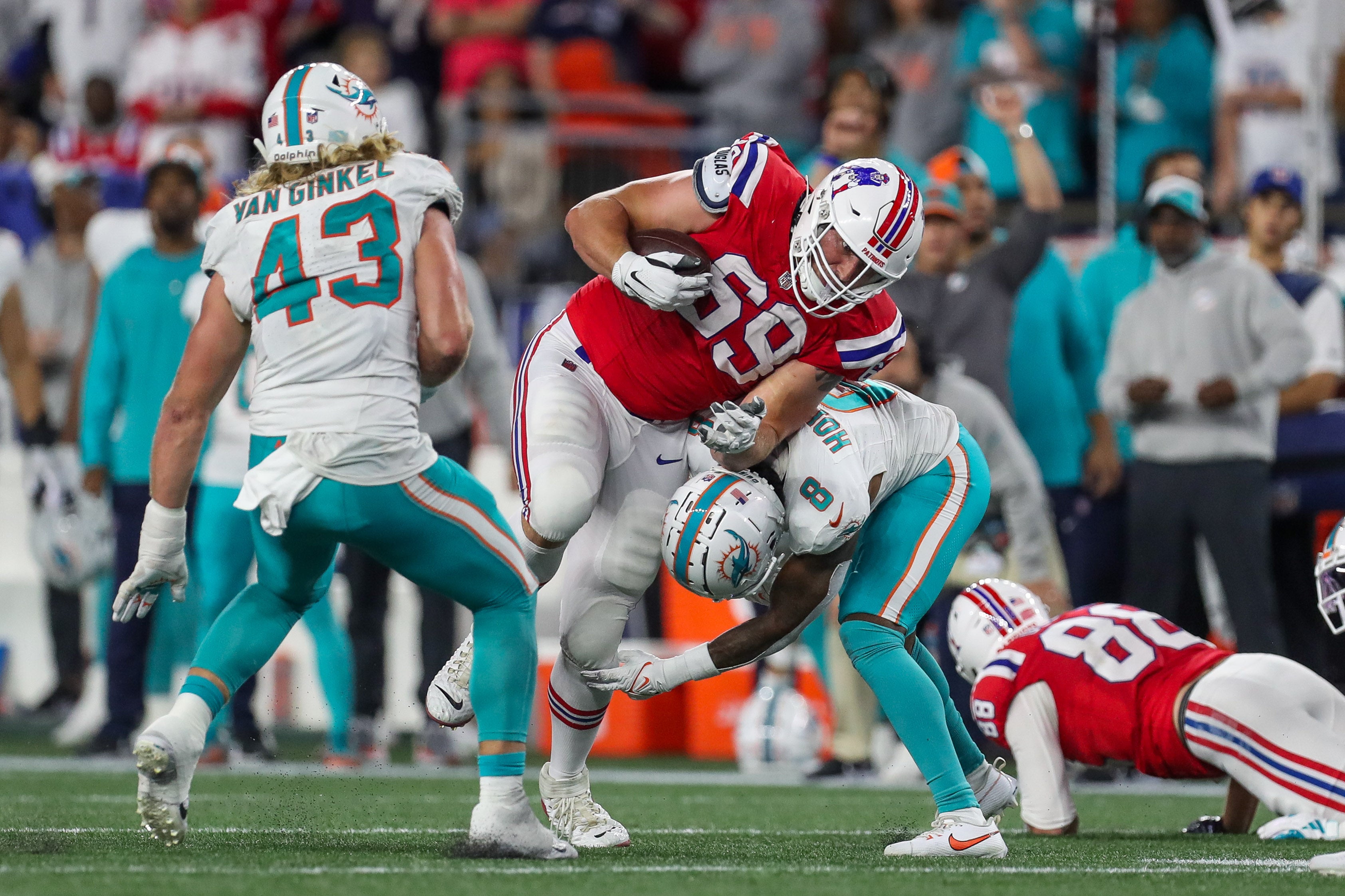 Sep 17, 2023; Foxborough, Massachusetts, USA; New England Patriots guard Cole Strange (69) runs the ball during the second half against the Miami Dolphins at Gillette Stadium.