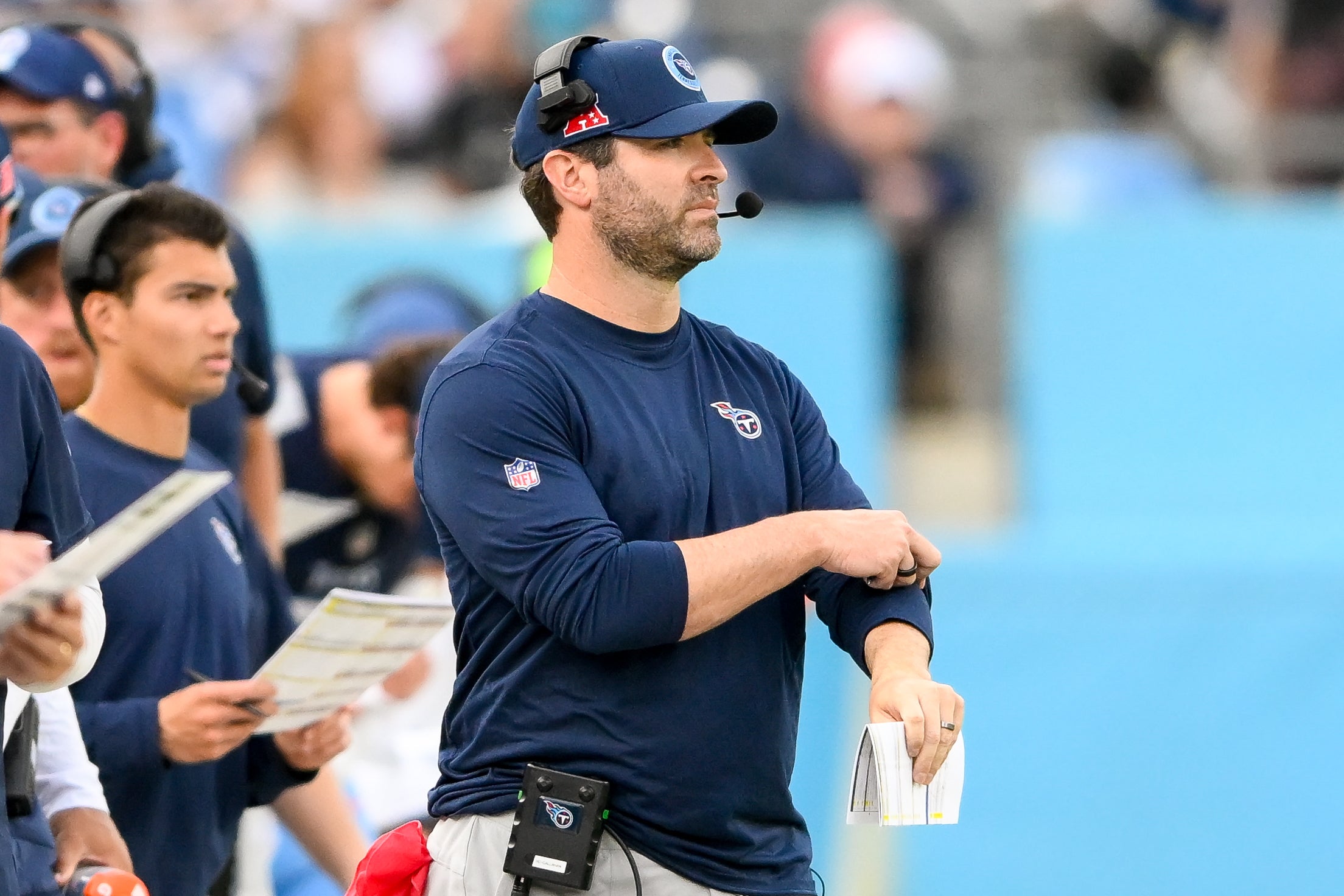Tennessee Titans head coach Brian Callahan paces the sideline against the New England Patriots during the second half at Nissan Stadium. Steve Roberts-Imagn Images
