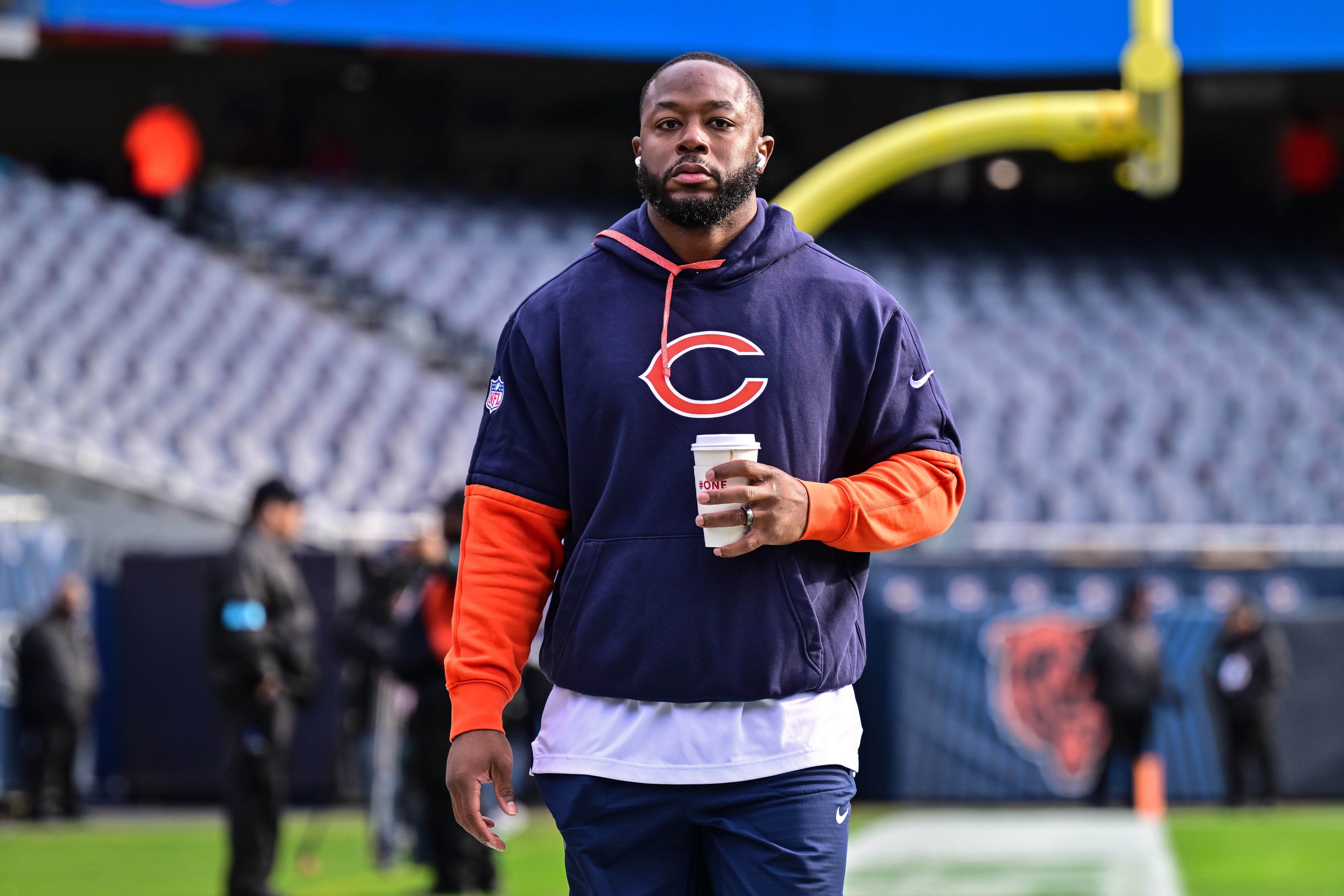 Nov 17, 2024; Chicago, Illinois, USA; Chicago Bears offensive coordinator Thomas Brown looks on before the game against the Green Bay Packers at Soldier Field.