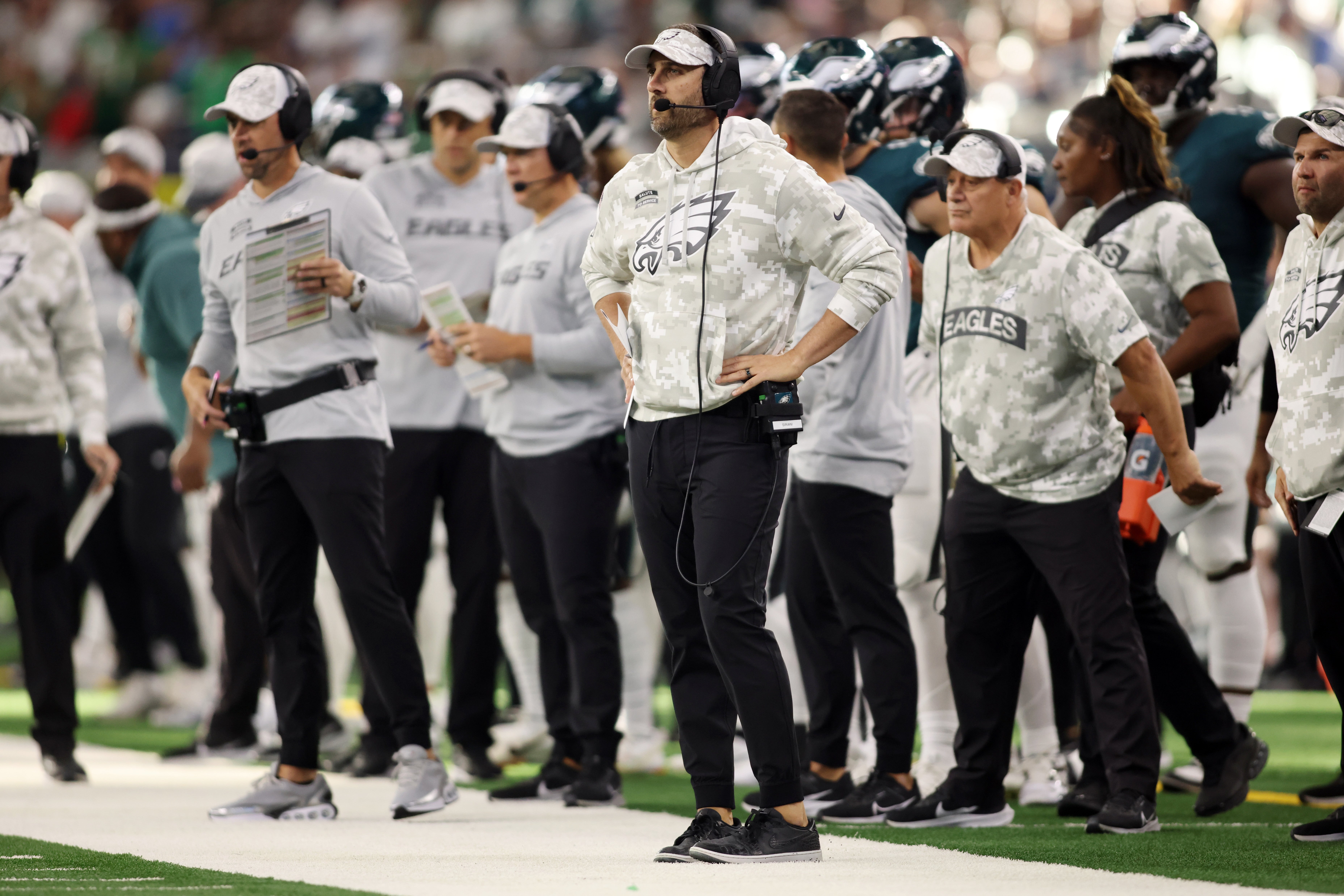 Philadelphia Eagles head coach Nick Sirianni watches play in the game against the Dallas Cowboys at AT&T Stadium.