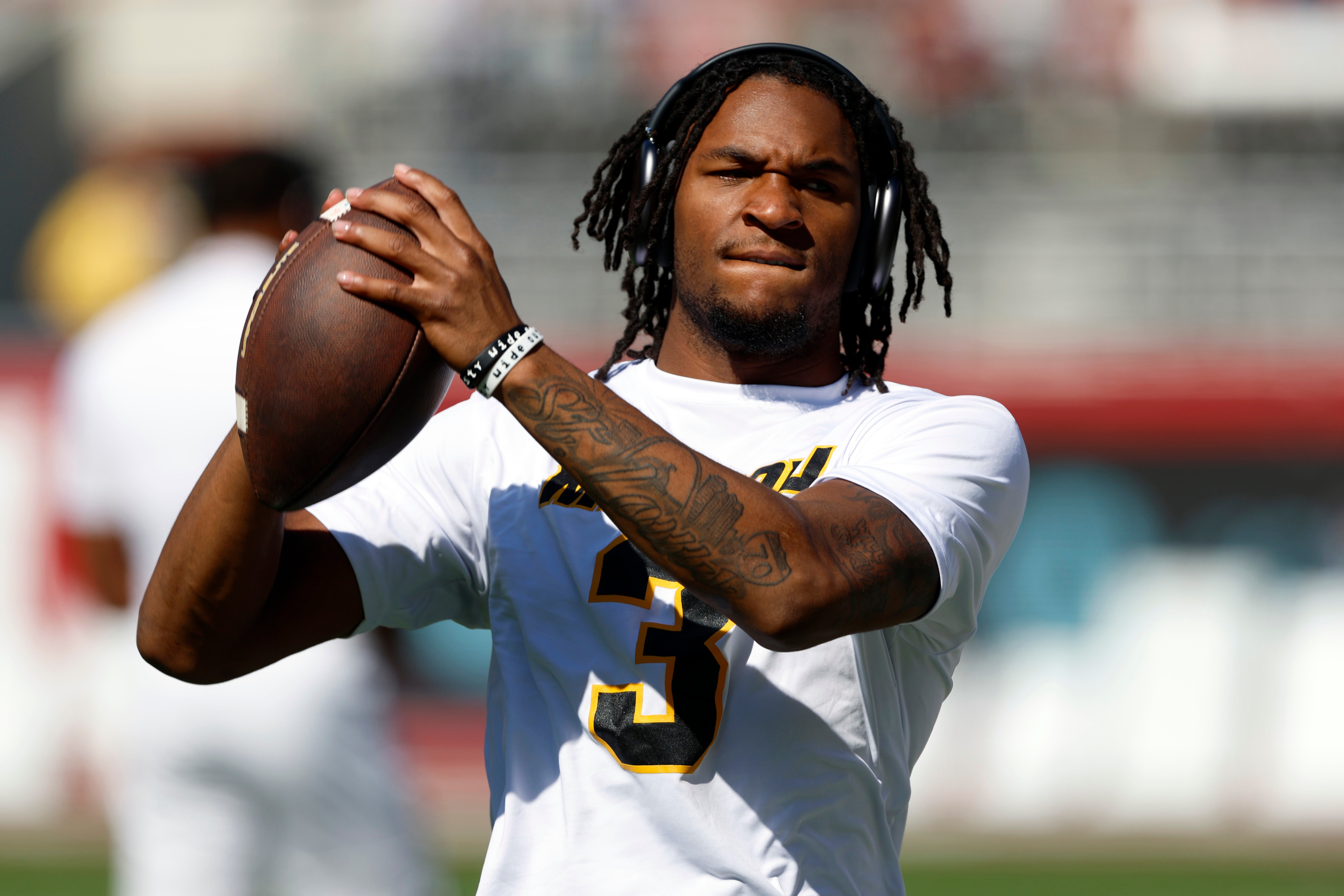 Missouri Tigers wide receiver Luther Burden III (3) catches a pass during warm ups before the game against the Alabama Crimson Tide at Bryant-Denny Stadium. 