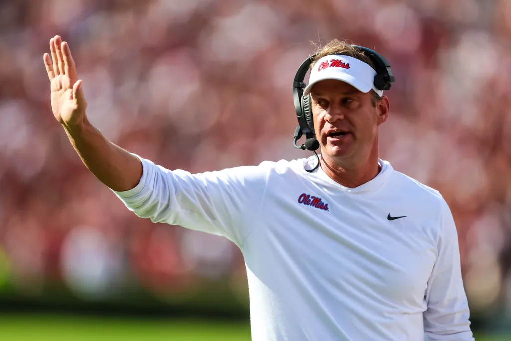 Mississippi Rebels head coach Lane Kiffin directs his team against the South Carolina Gamecocks in the first quarter at Williams-Brice Stadium.