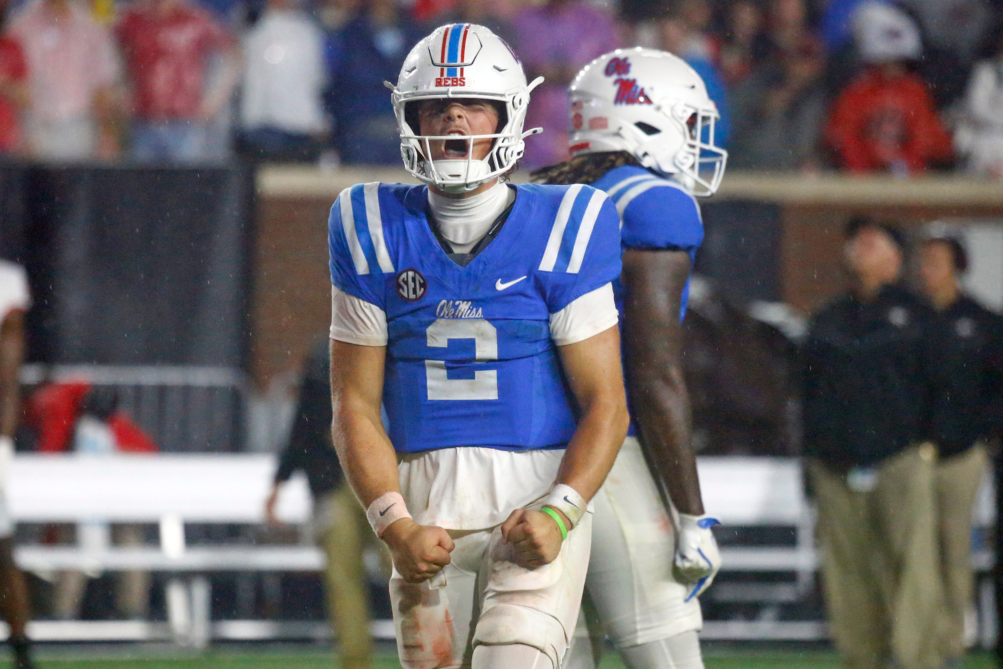 Nov 9, 2024; Oxford, Mississippi, USA; Mississippi Rebels quarterback Jaxson Dart (2) reacts during the second half against the Georgia Bulldogs at Vaught-Hemingway Stadium. Mandatory Credit: Petre Thomas-Imagn Images