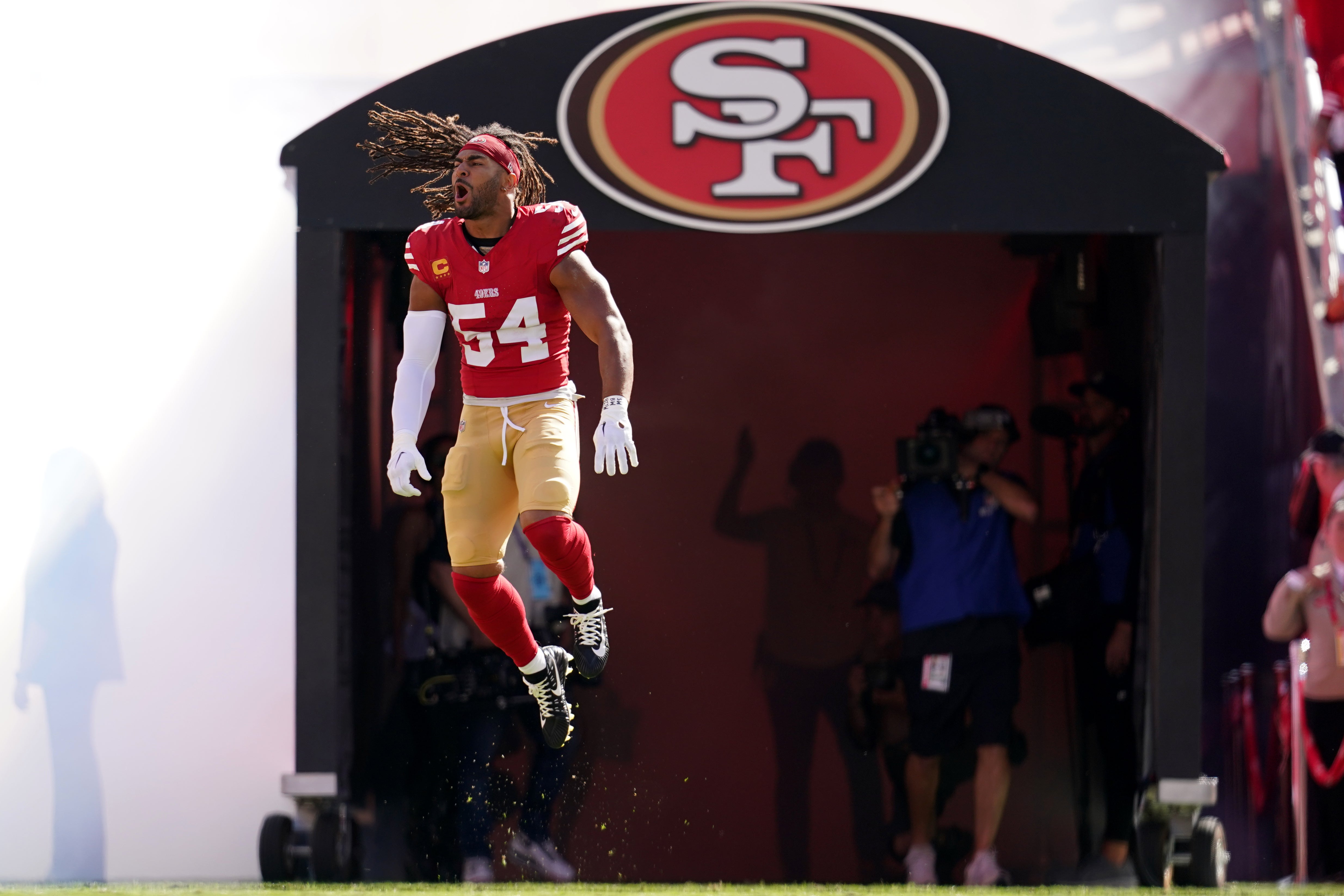 San Francisco 49ers linebacker Fred Warner (54) is introduced before the start of the game against the Kansas City Chiefs Levi's Stadium.