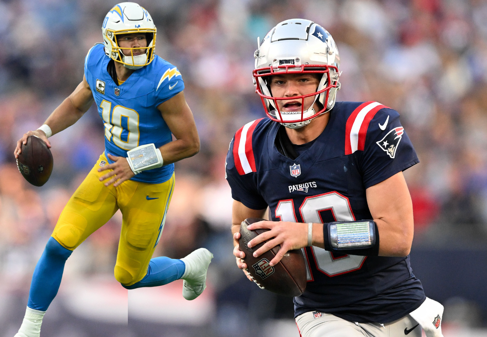 Patriots TE Hunter Henry compares Drake Maye's play style to Justin Herbert.