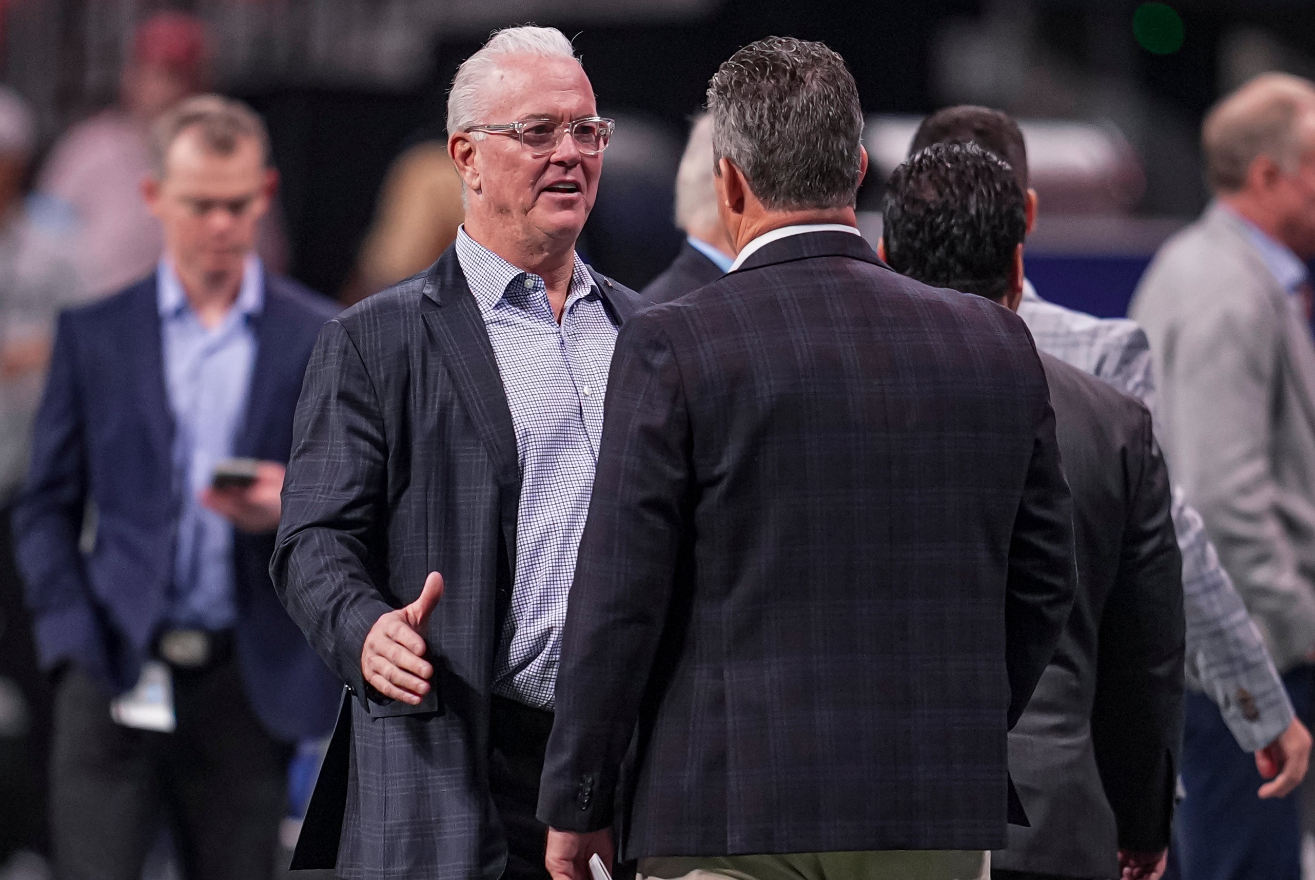 Dallas Cowboys Chief Operating Officer and Co-Owner Stephen Jones shown on the field prior to the game against the Atlanta Falcons at Mercedes-Benz Stadium.