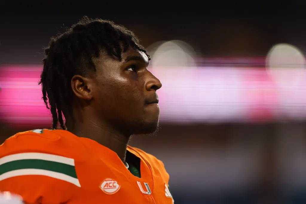 Miami Hurricanes quarterback Cam Ward (1) looks on from the field before the game against the Virginia Tech Hokies at Hard Rock Stadium.