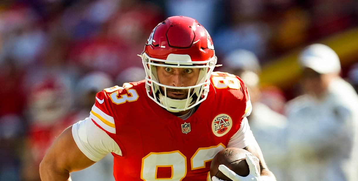 Nov 10, 2024; Kansas City, Missouri, USA; Kansas City Chiefs tight end Noah Gray (83) runs with the ball during the first half against the Denver Broncos at GEHA Field at Arrowhead Stadium.