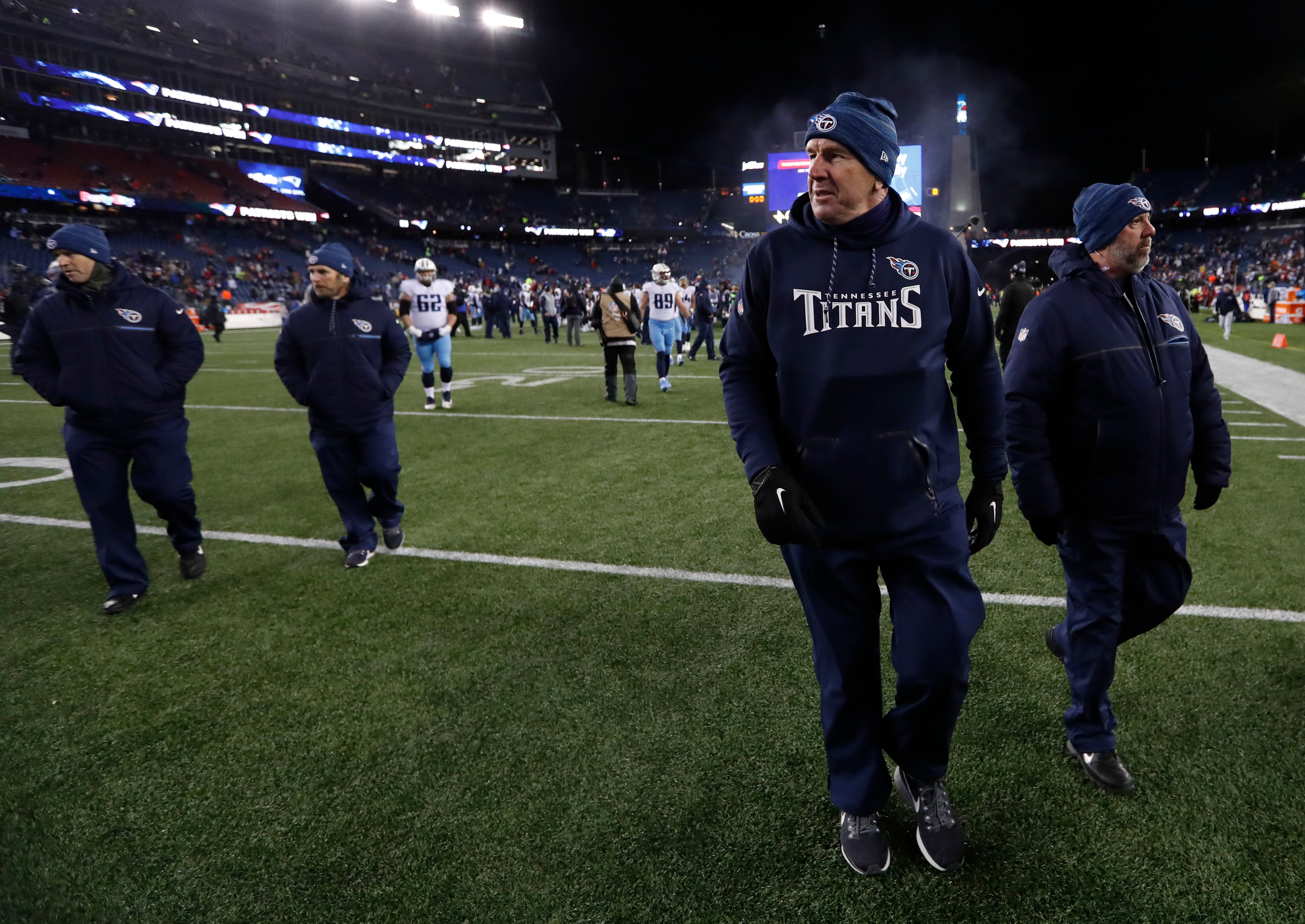 Jan 13, 2018; Foxborough, MA, USA; Tennessee Titans head coach Mike Mularkey walks off the field after losing to the New England Patriots in the AFC Divisional playoff game at Gillette Stadium.