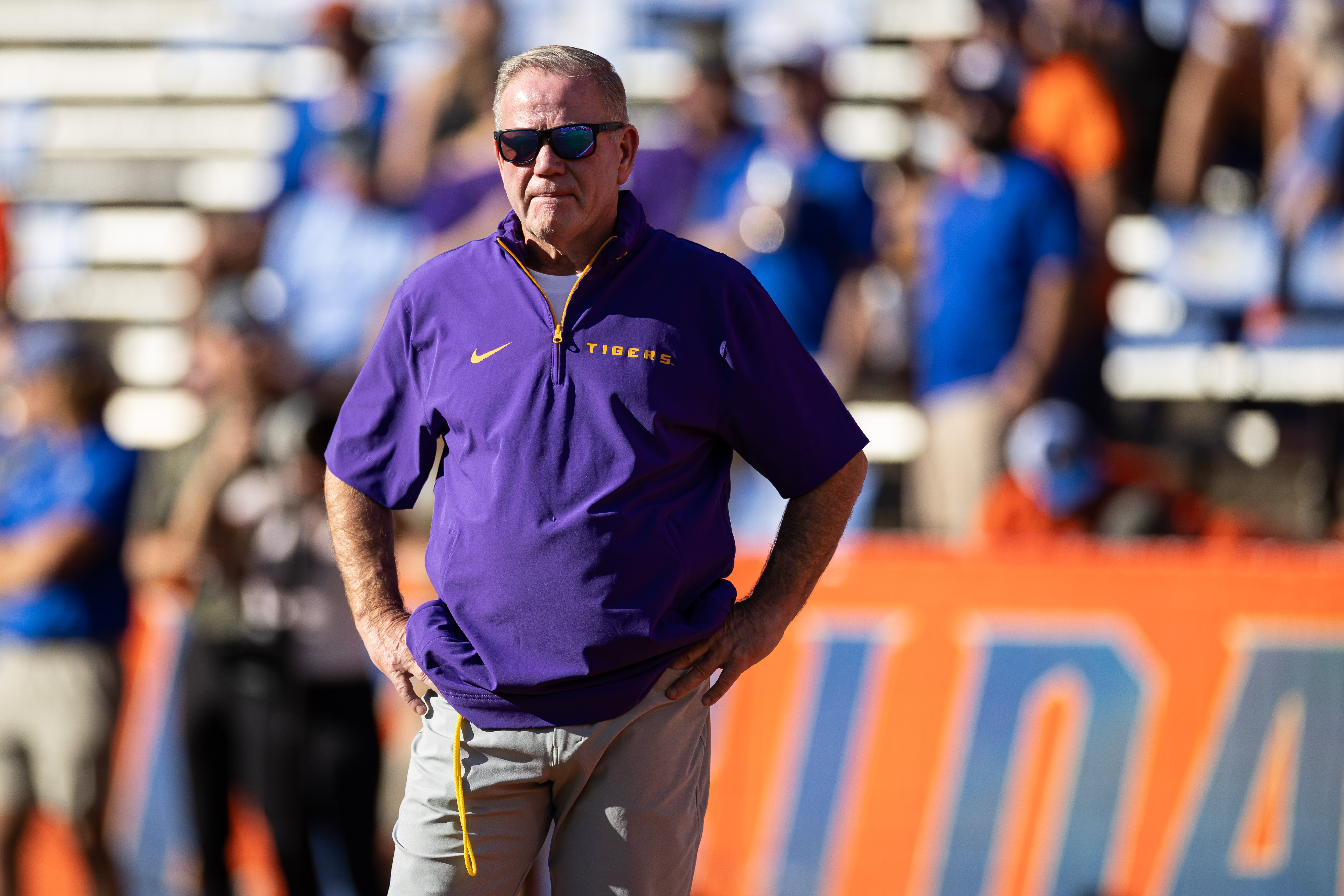 Nov 16, 2024; Gainesville, Florida, USA; LSU Tigers head coach Brian Kelly looks on before a game against the Florida Gators at Ben Hill Griffin Stadium.