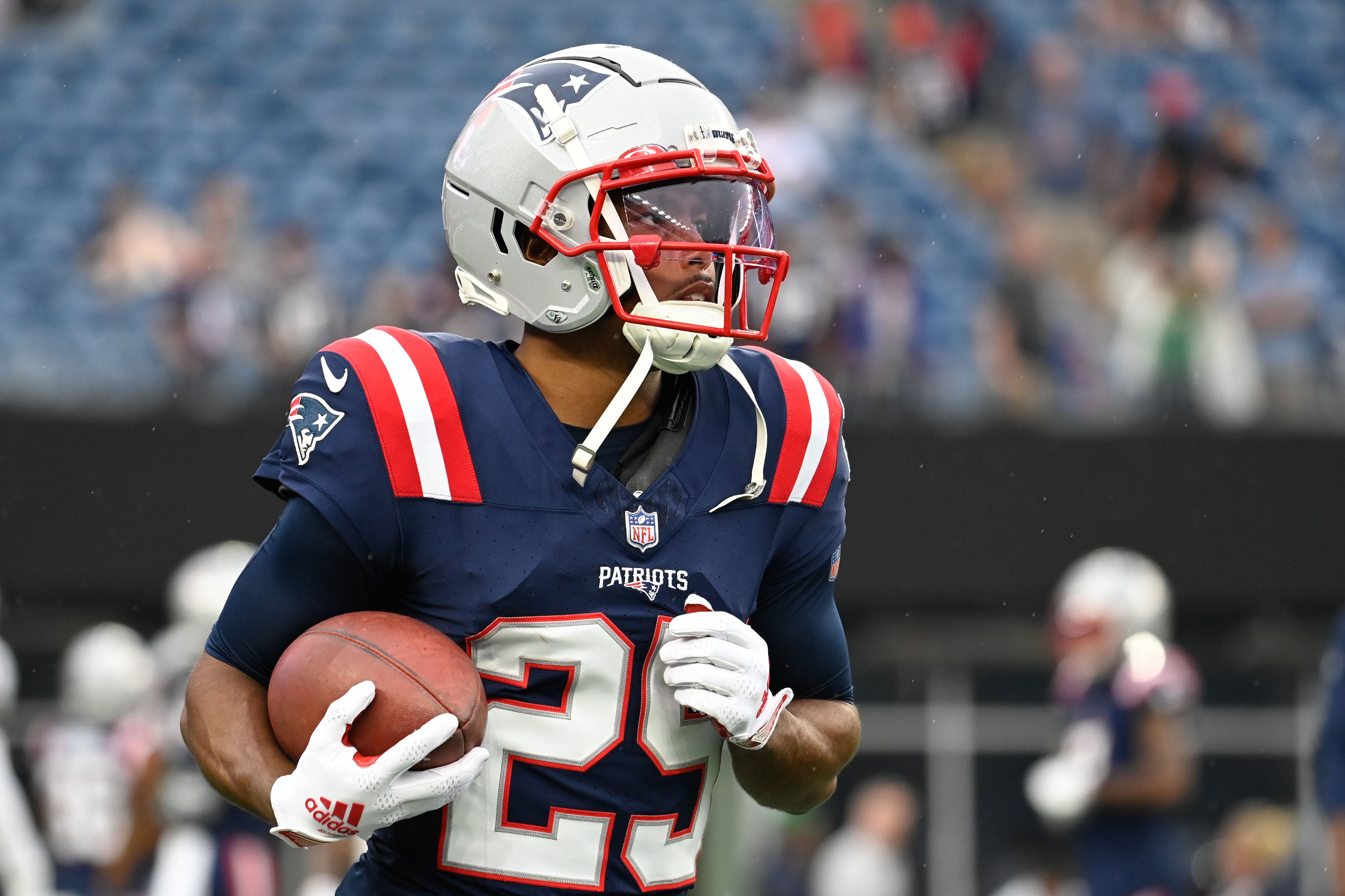 Aug 10, 2023; Foxborough, Massachusetts, USA; New England Patriots cornerback Marcus Jones (25) warms up before a game against the Houston Texans at Gillette Stadium