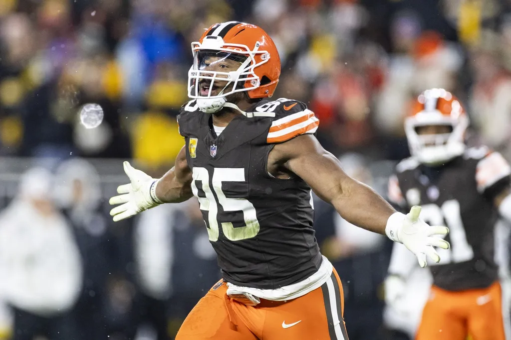 Cleveland Browns defensive end Myles Garrett (95) celebrates a team fumble recovery against the Pittsburgh Steelers during the second quarter at Huntington Bank Field Stadium.