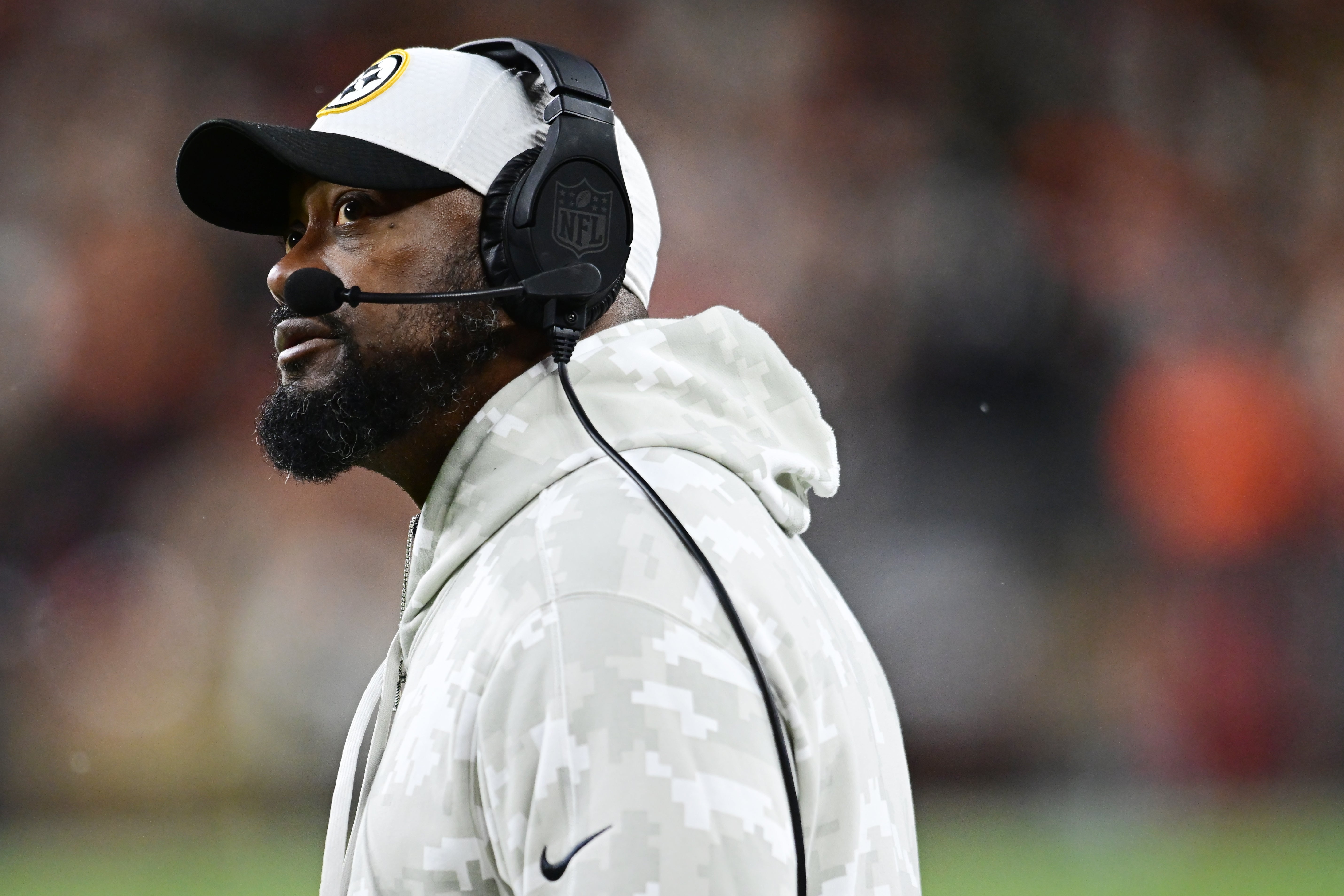 Nov 21, 2024; Cleveland, Ohio, USA; Pittsburgh Steelers head coach Mike Tomlin looks on during the first half against the Cleveland Browns at Huntington Bank Field.