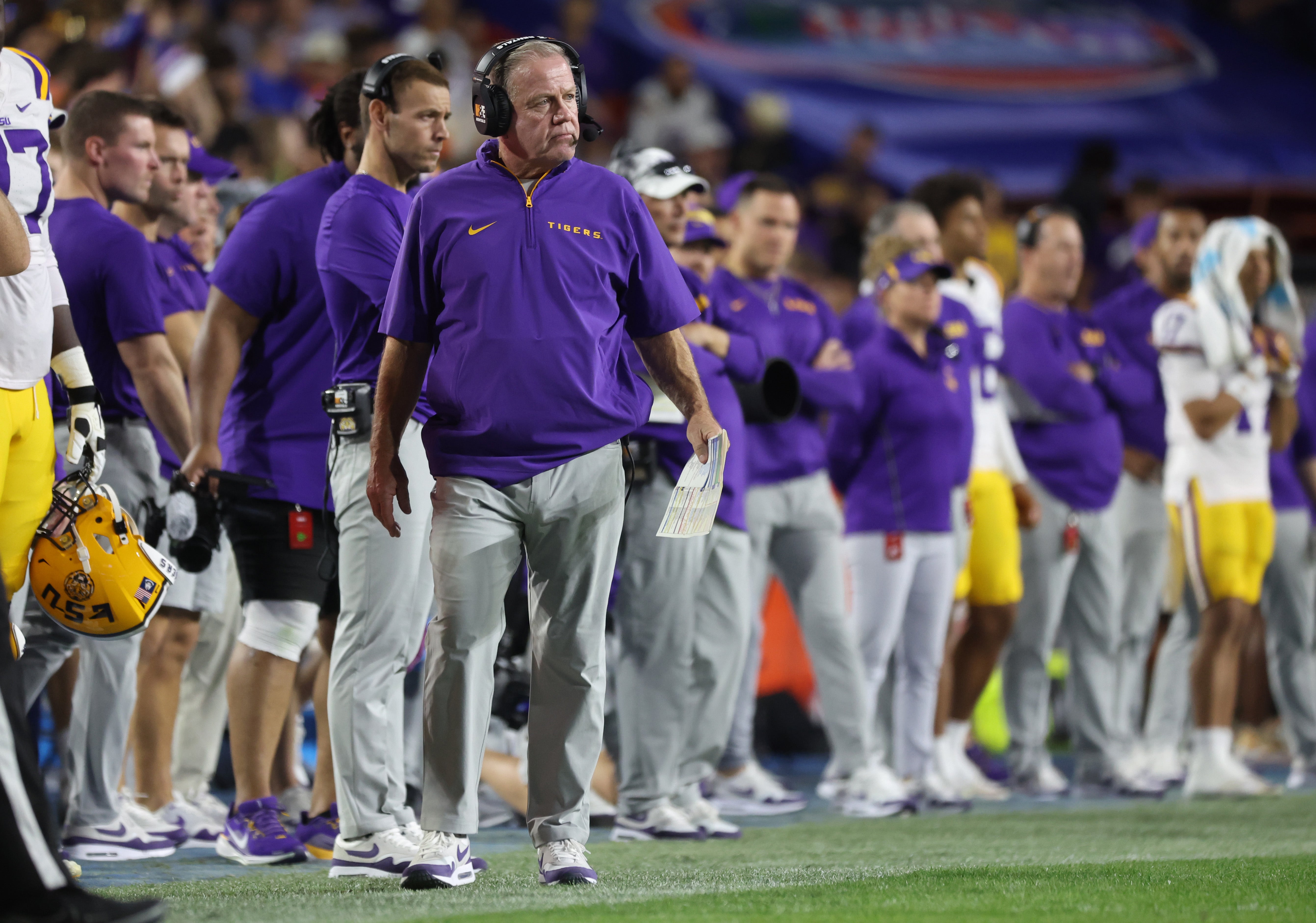 Nov 16, 2024; Gainesville, Florida, USA; LSU Tigers head coach Brian Kelly against the Florida Gators during the second half at Ben Hill Griffin Stadium.