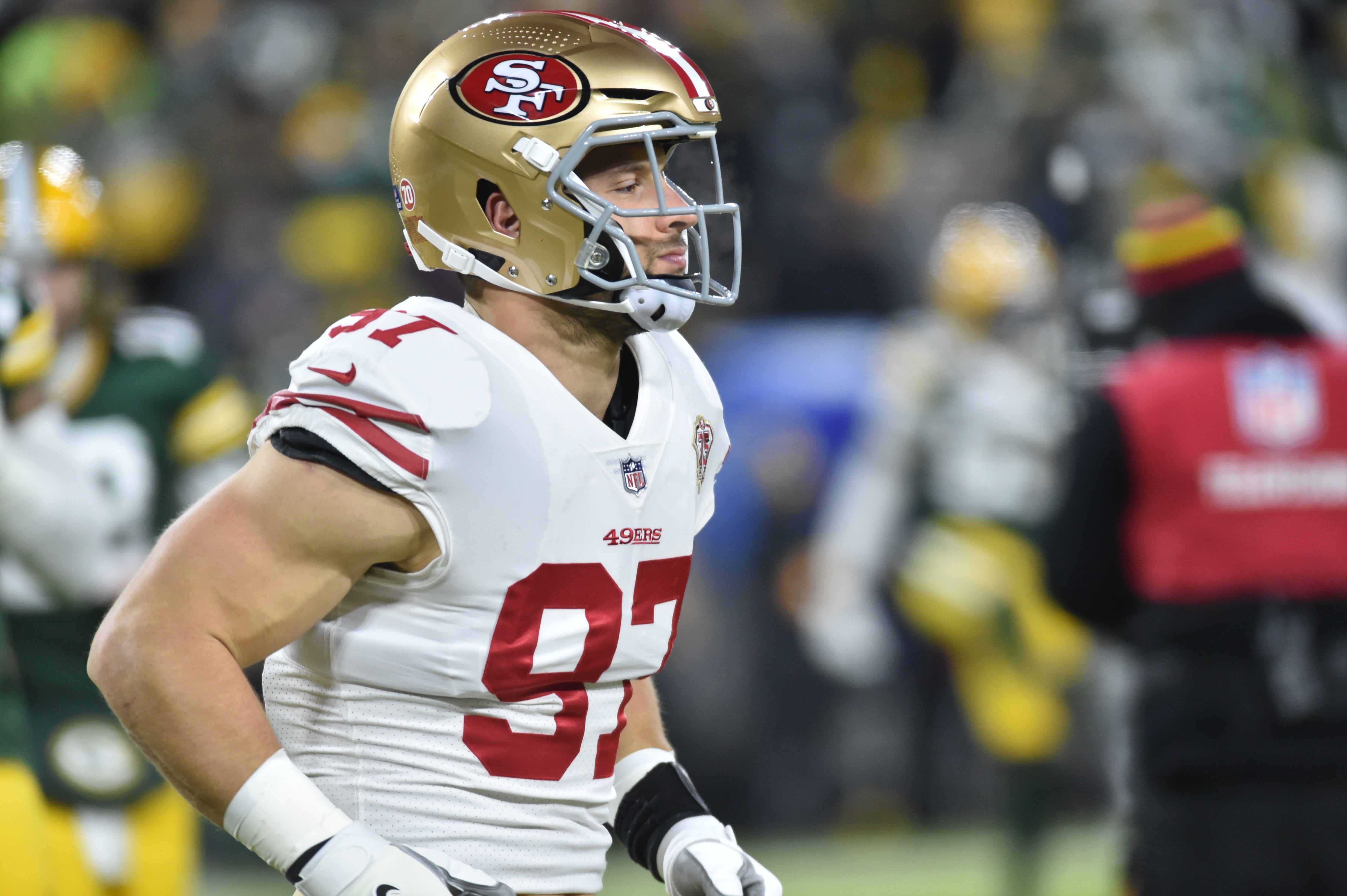 San Francisco 49ers defensive end Nick Bosa (97) before the game against the Green Bay Packers in a NFC Divisional playoff football game at Lambeau Field.