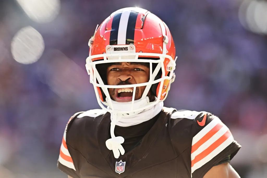 Cleveland Browns cornerback Greg Newsome II (0) celebrates during the second half against the Baltimore Ravens at Huntington Bank Field.