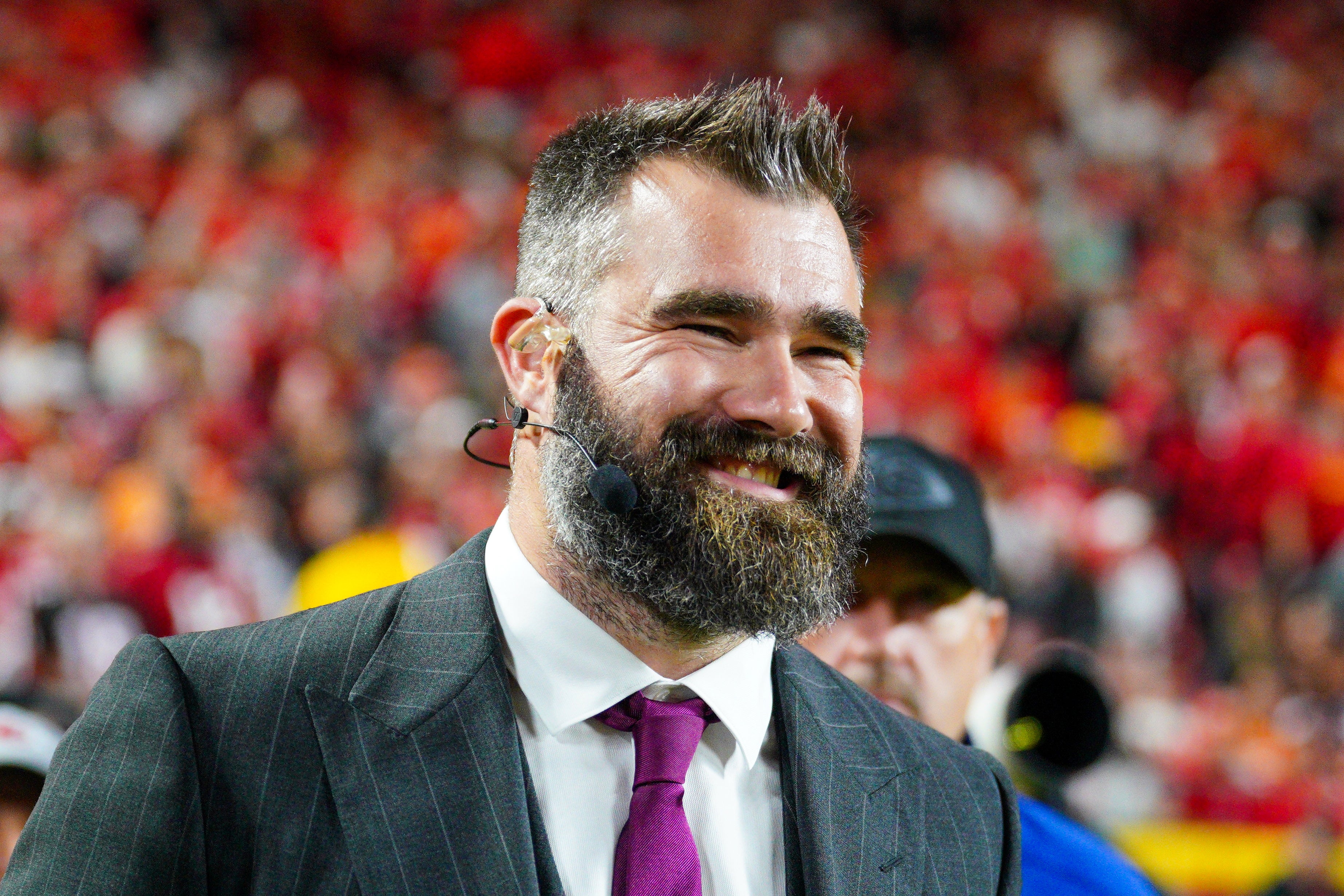 Nov 4, 2024; Kansas City, Missouri, USA; Former NFL player and ESPN commentator Jason Kelce on the sidelines during the first half of the game between the Kansas City Chiefs and Tampa Bay Buccaneers at GEHA Field at Arrowhead Stadium.
