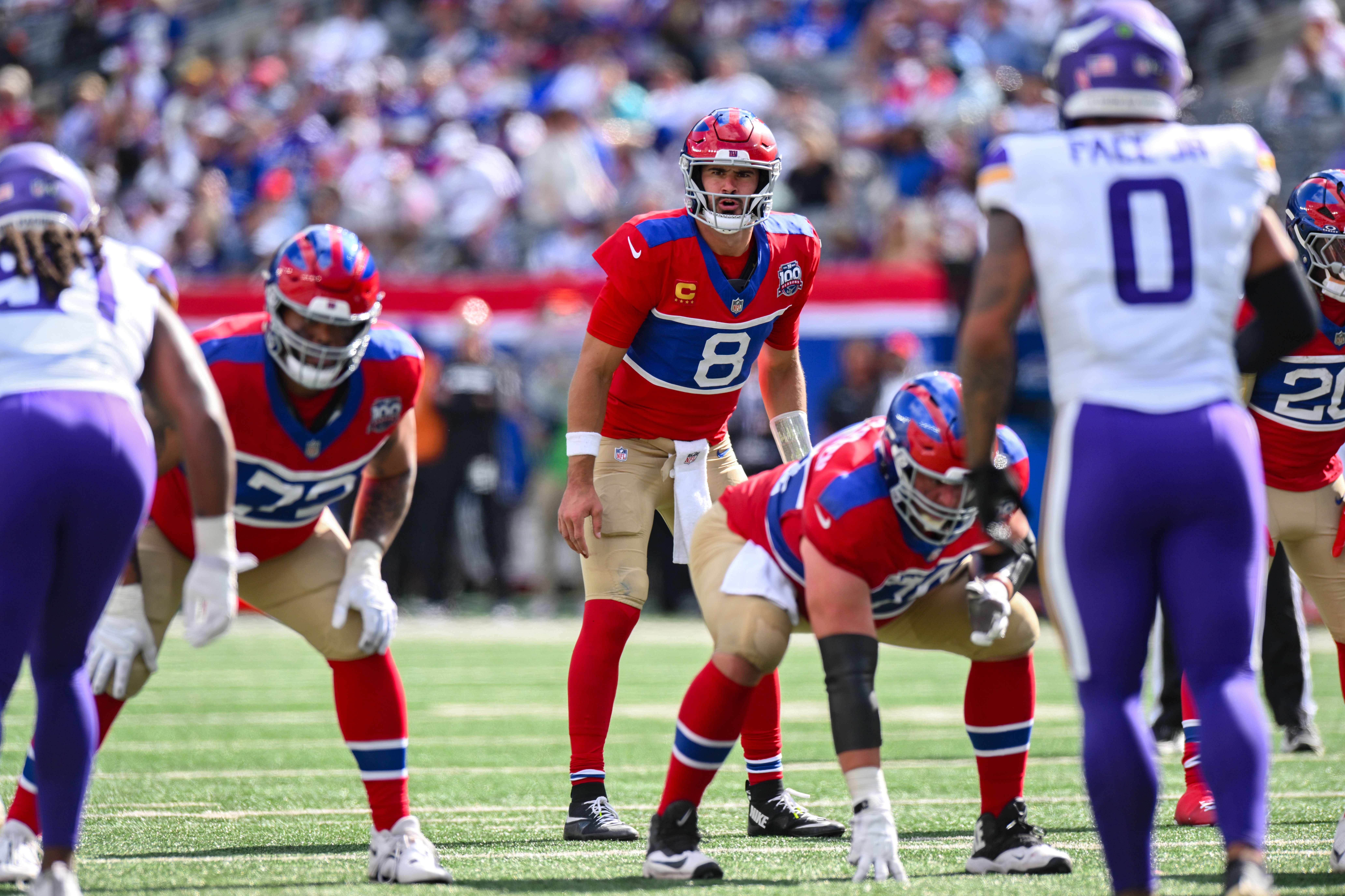 Sep 8, 2024; East Rutherford, New Jersey, USA; New York Giants quarterback Daniel Jones (8) during the second half against the Minnesota Vikings at MetLife Stadium.
