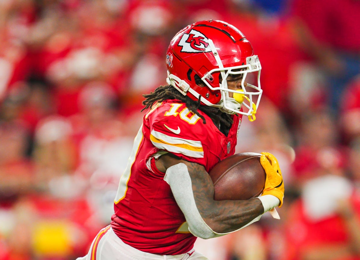 Sep 5, 2024; Kansas City, Missouri, USA; Kansas City Chiefs running back Isiah Pacheco (10) runs the ball during the second half against the Baltimore Ravens at GEHA Field at Arrowhead Stadium.