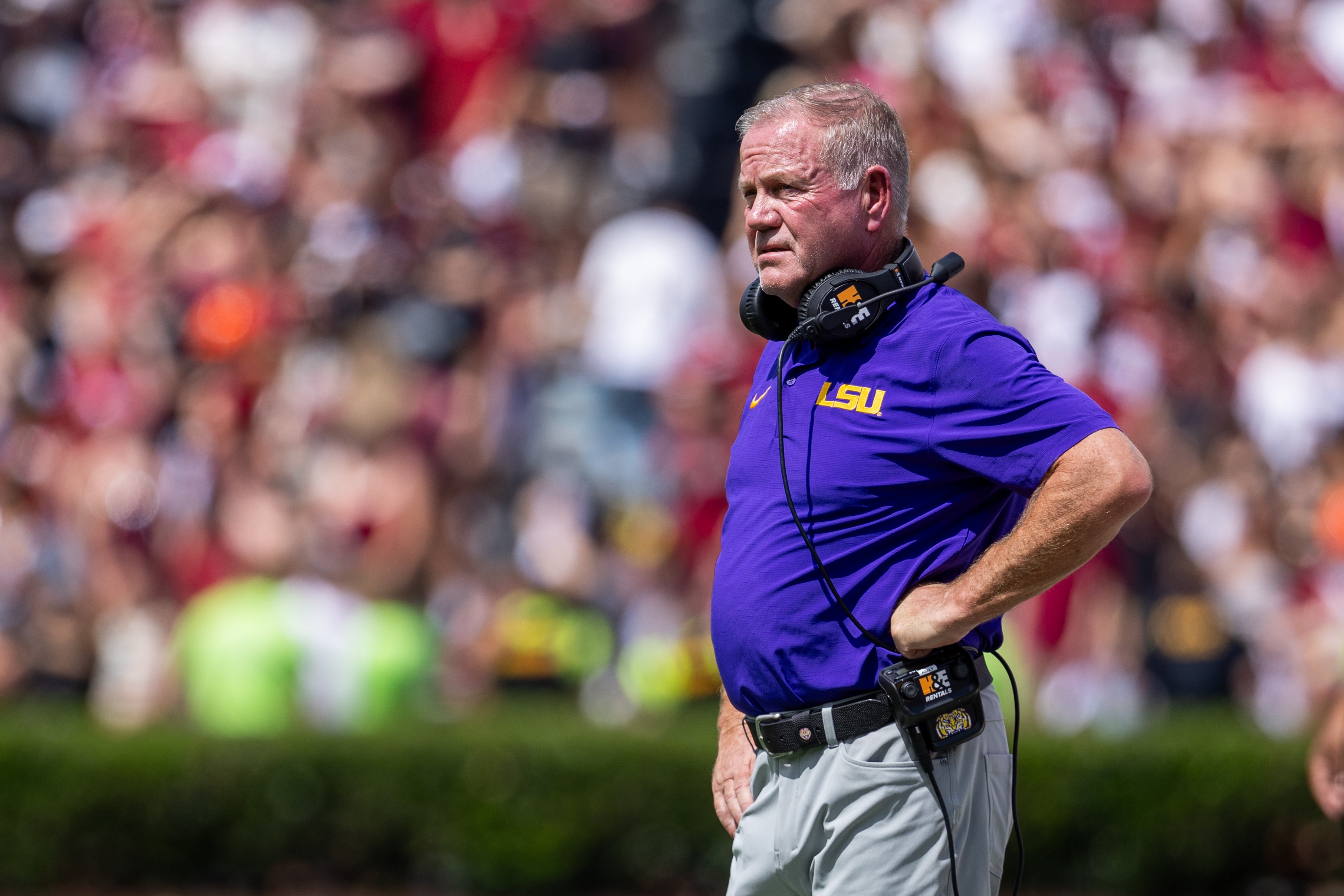 Sep 14, 2024; Columbia, South Carolina, USA; LSU Tigers head coach Brian Kelly looks on during the second quarter against the South Carolina Gamecocks at Williams-Brice Stadium