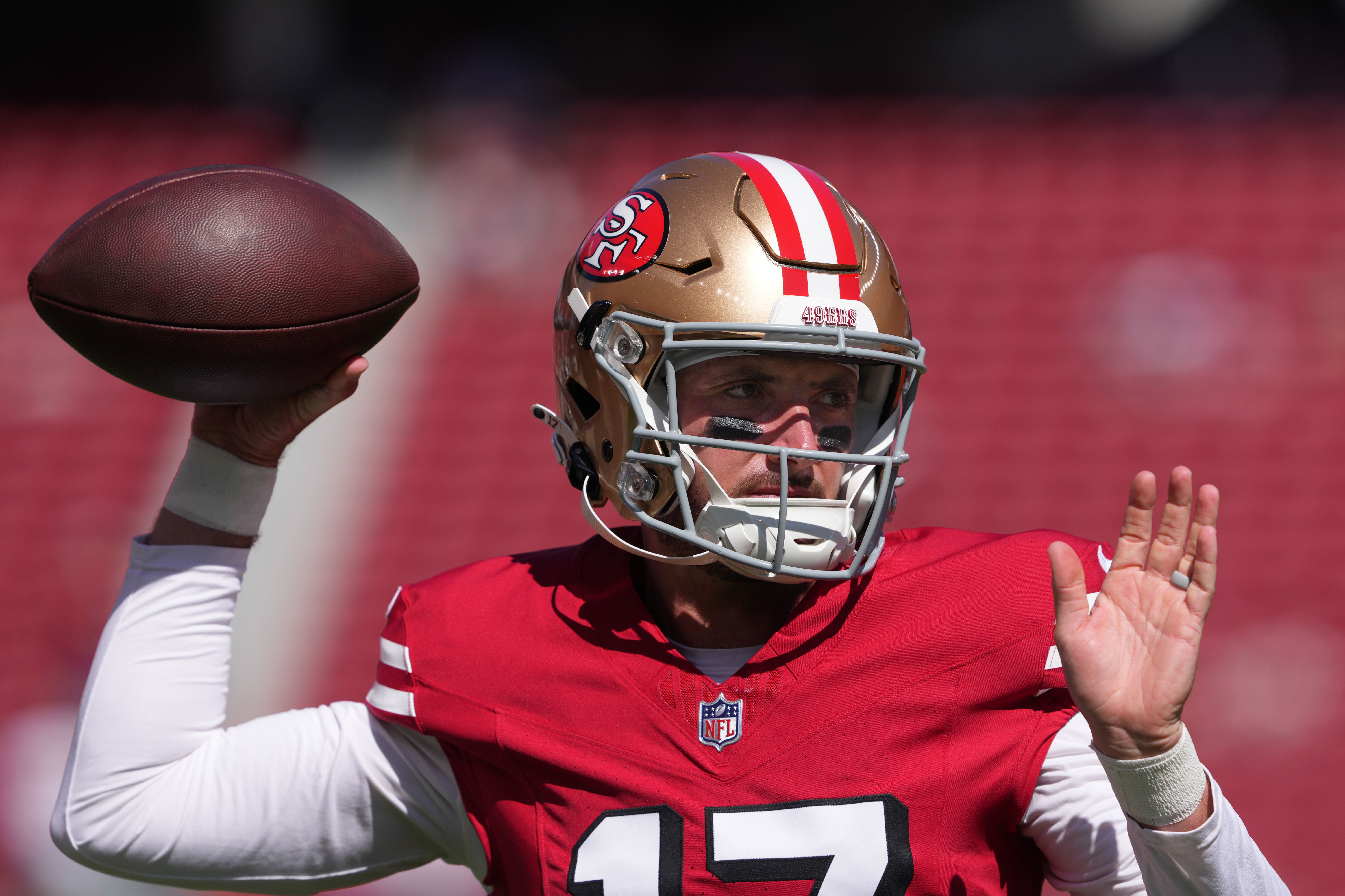 San Francisco 49ers quarterback Brandon Allen (17) warms up before the game against the Arizona Cardinals at Levi's Stadium.