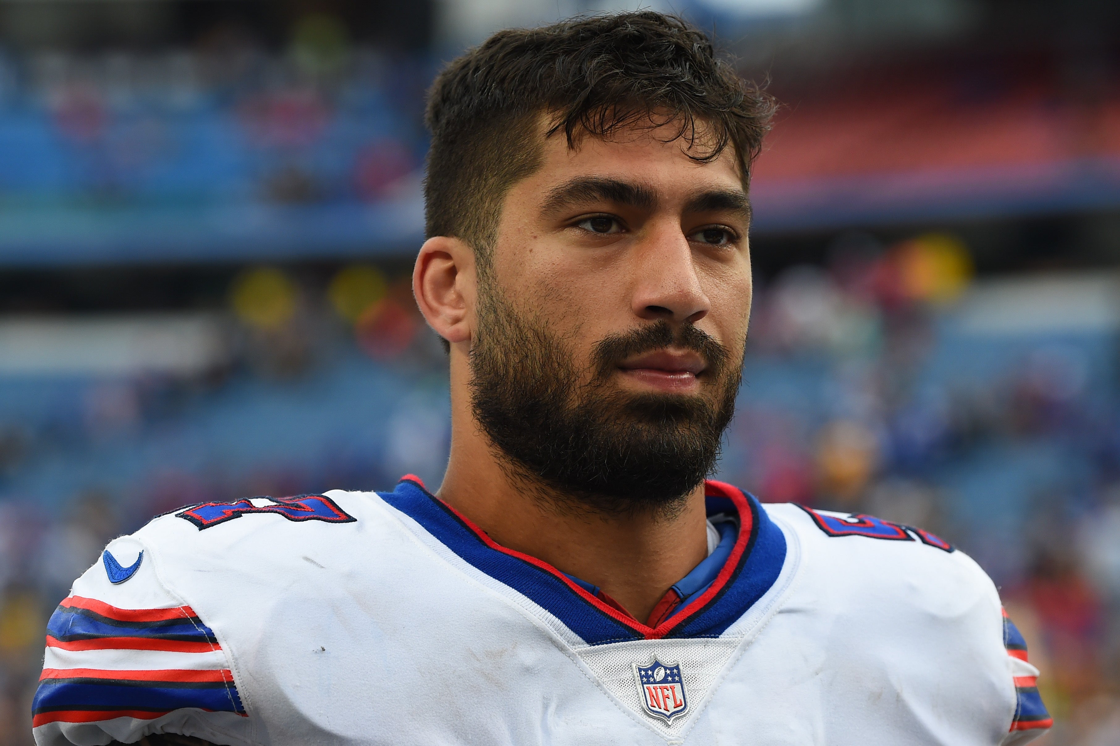 Sep 12, 2021; Orchard Park, New York, USA; Buffalo Bills defensive end A.J. Epenesa (57) following the game against the Pittsburgh Steelers at Highmark Stadium.