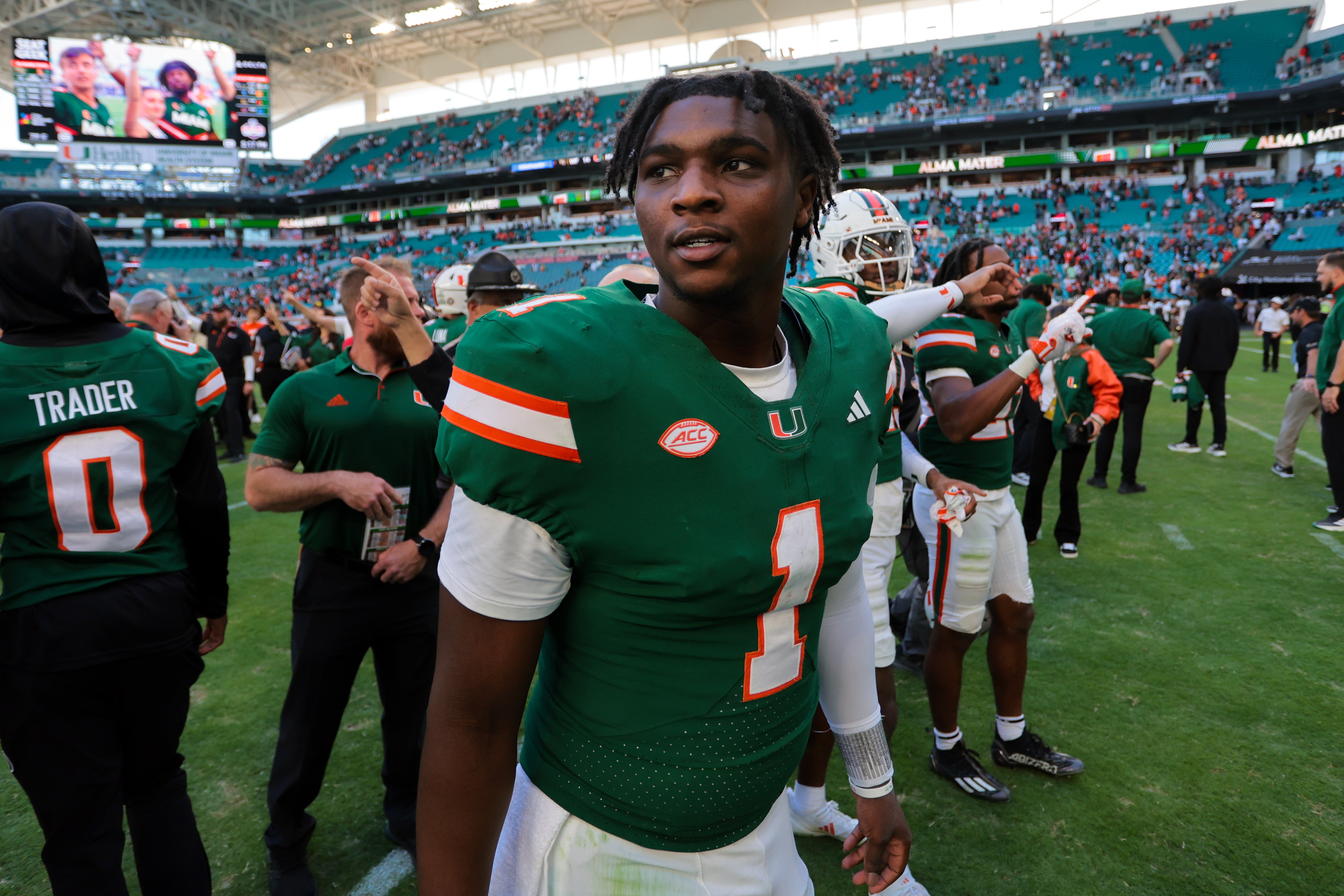 Nov 23, 2024; Miami Gardens, Florida, USA; Miami Hurricanes quarterback Cam Ward (1) looks on from the field after the game against the Wake Forest Demon Deacons at Hard Rock Stadium.