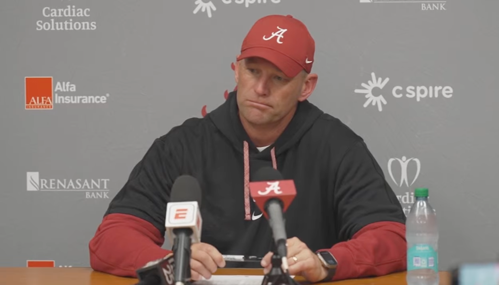Alabama HC Kalen DeBoer addresses the media following 24-3 loss vs Oklahoma Sooners, 11/23/24