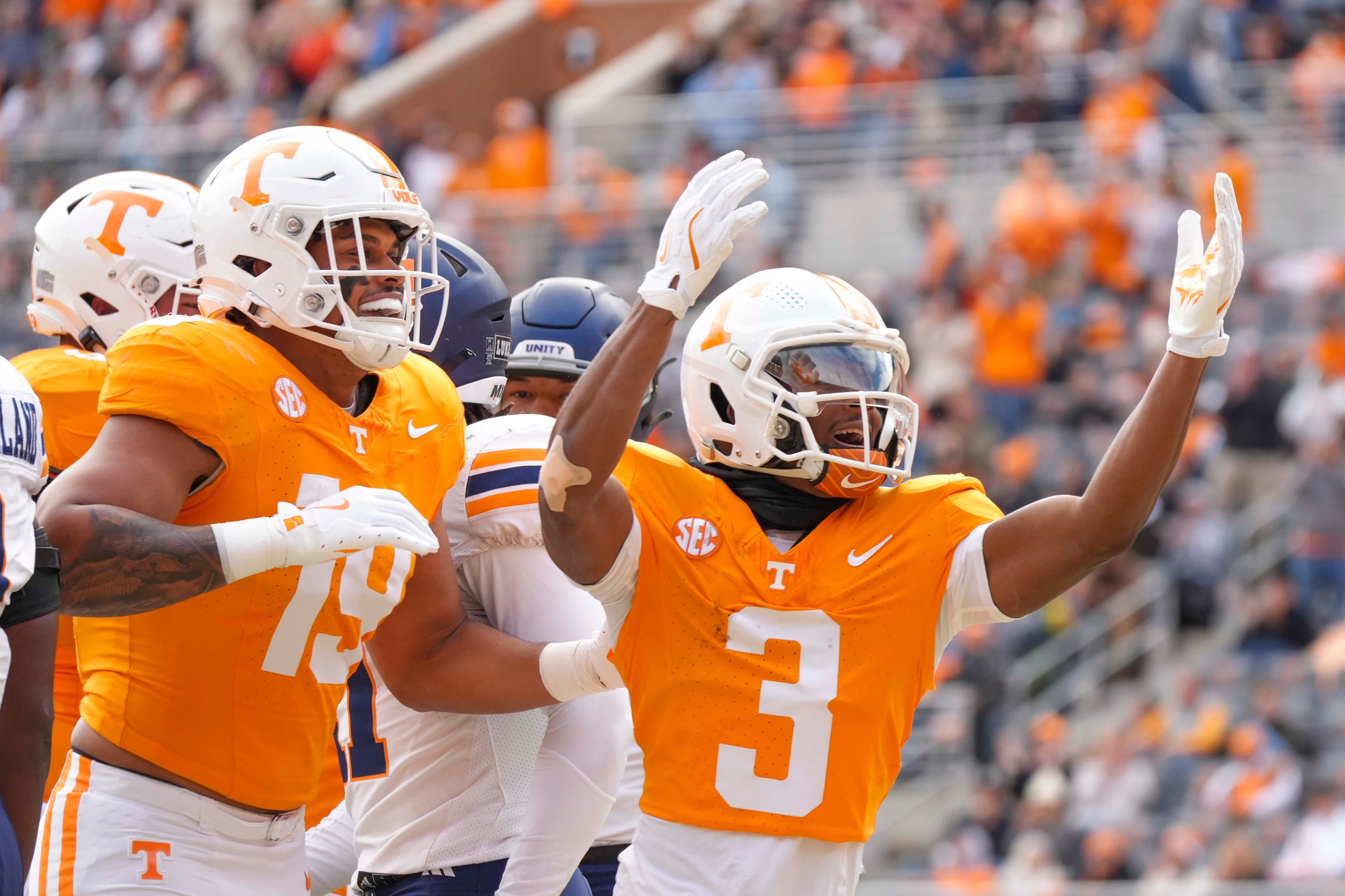 Tennessee wide receiver Squirrel White (3) celebrates with Tennessee tight end Holden Staes (19) after scoring a touchdown during a NCAA football game between Tennessee and UTEP in Neyland Stadium on Saturday, November 23, 2024.