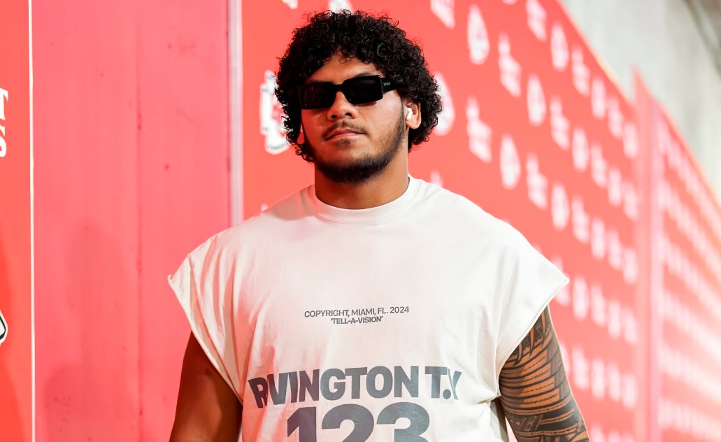 Sep 15, 2024; Kansas City, Missouri, USA; Kansas City Chiefs offensive tackle Kingsley Suamataia (76) arrives prior to a game against the Cincinnati Bengals at GEHA Field at Arrowhead Stadium.