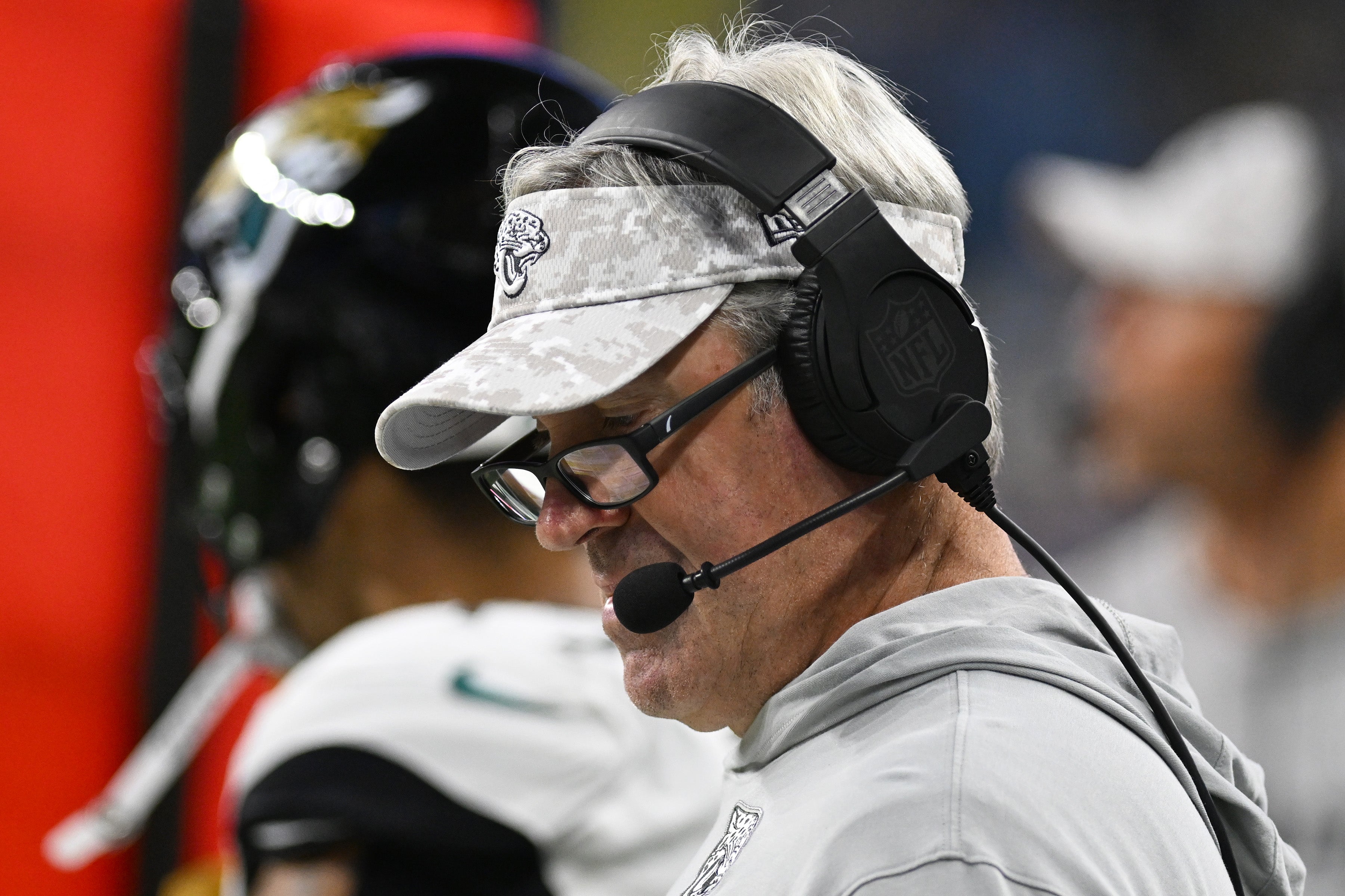 Nov 17, 2024; Detroit, Michigan, USA; Jacksonville Jaguars head coach Doug Pederson on the sidelines during the fourth quarter of their game against the Detroit Lions at Ford Field.