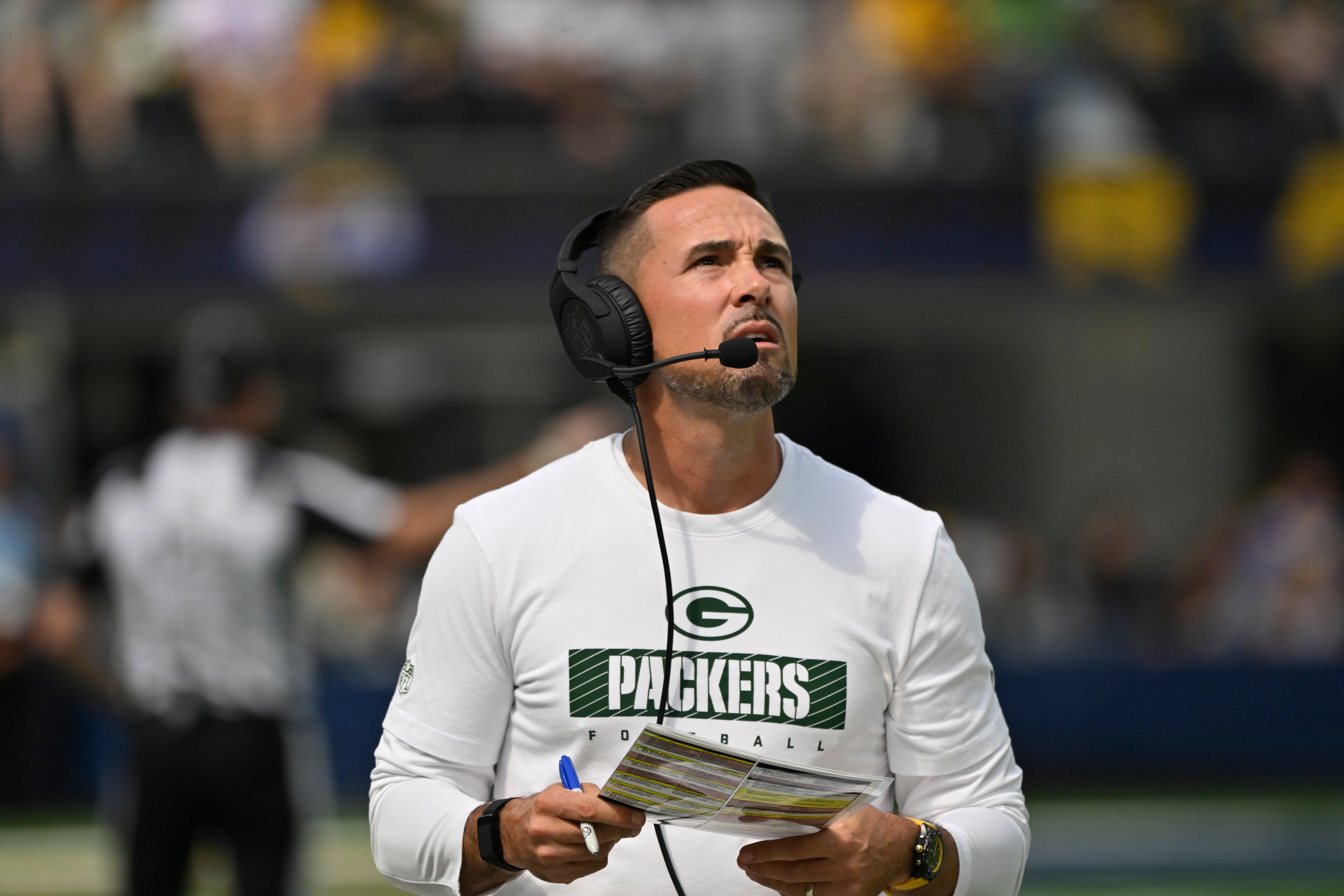 Green Bay Packers head coach Matt LaFleur on the sidelines during the first quarter against the Los Angeles Rams at SoFi Stadium.