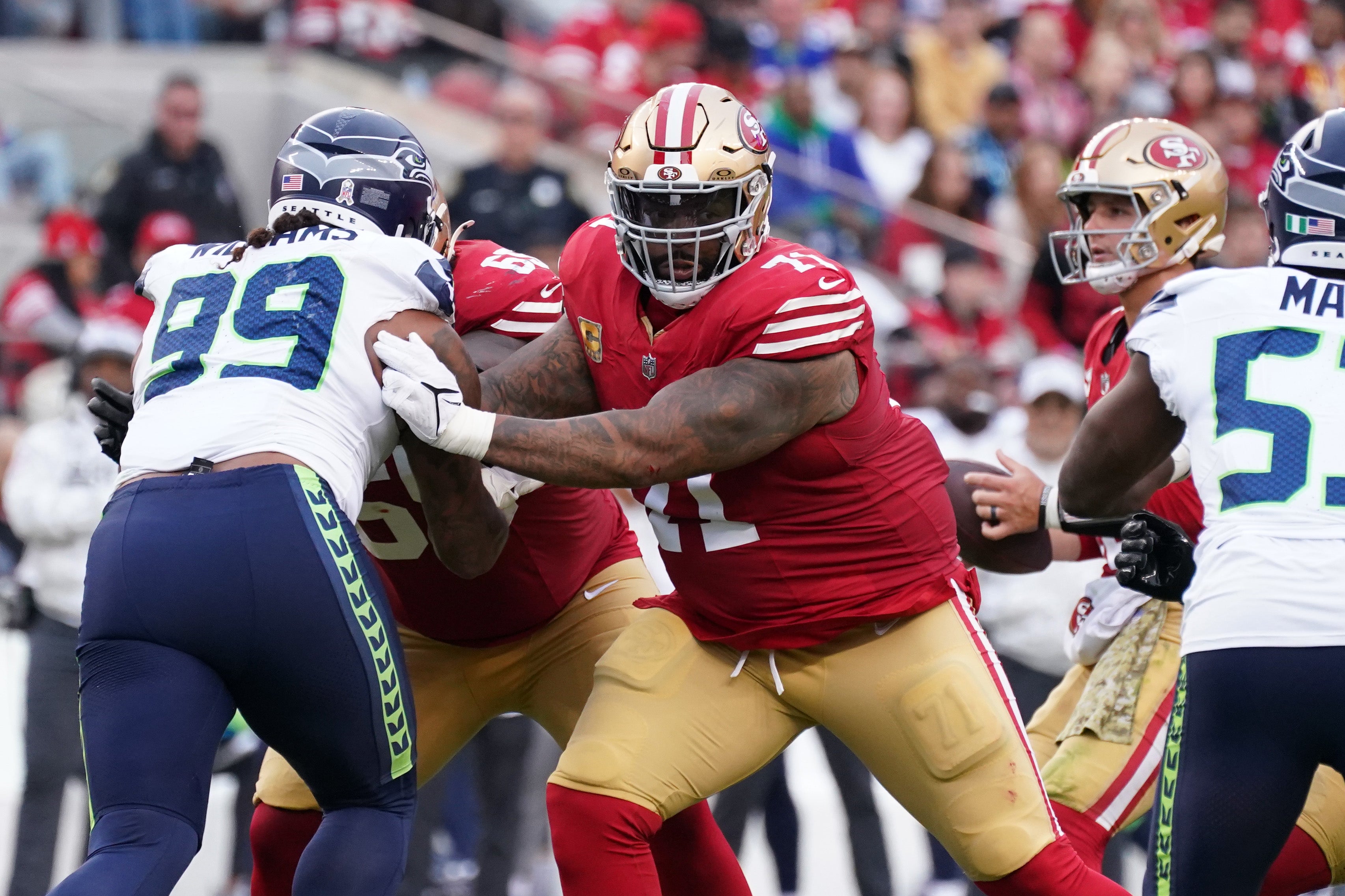 San Francisco 49ers offensive tackle Trent Williams (71) blocks Seattle Seahawks defensive end Leonard Williams (99) in the third quarter at Levi's Stadium.