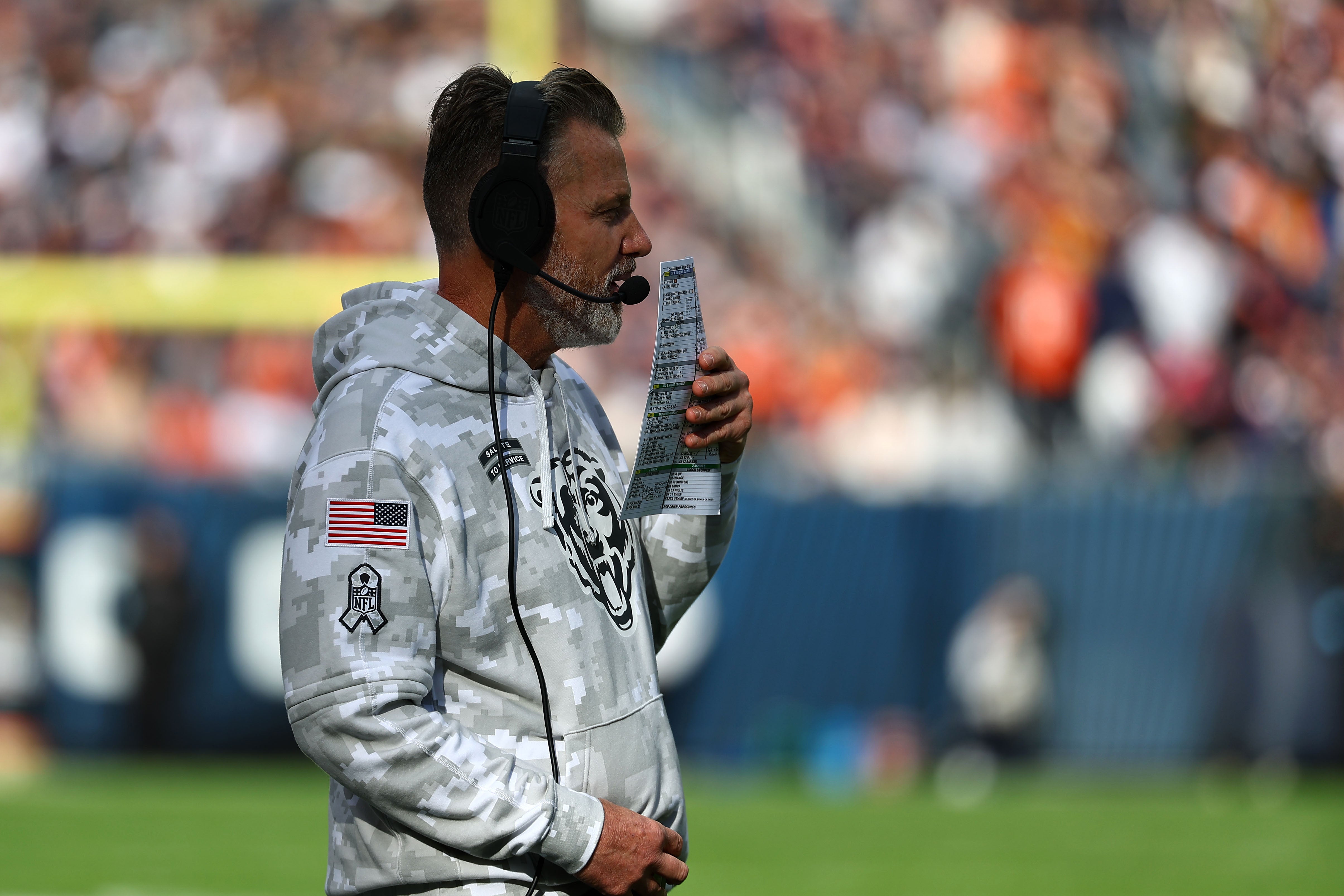 Nov 10, 2024; Chicago, Illinois, USA; Chicago Bears head Coach Matt Eberflus during the third quarter against the New England Patriots at Soldier Field.